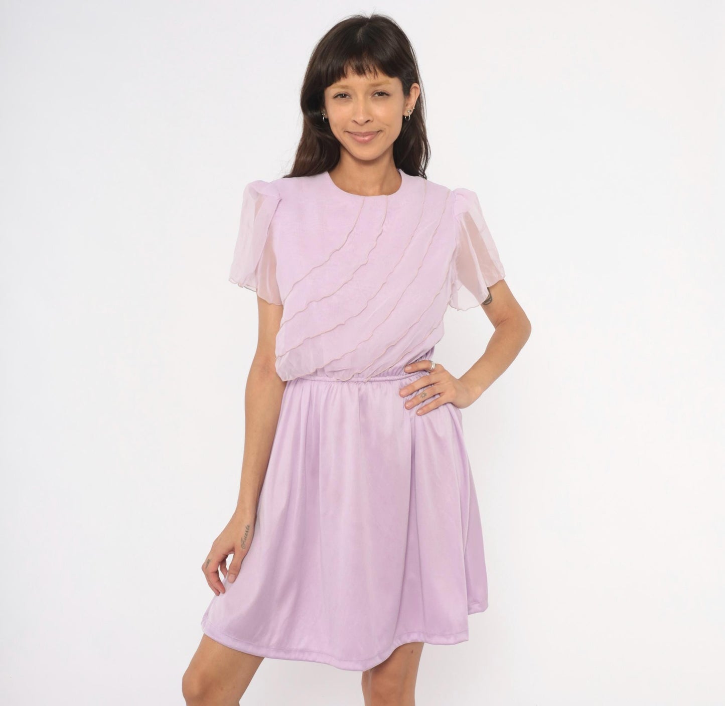 70s Lilac Chiffon Dress Flutter Sleeve Ruffle Bodice Knee-Length Small Medium