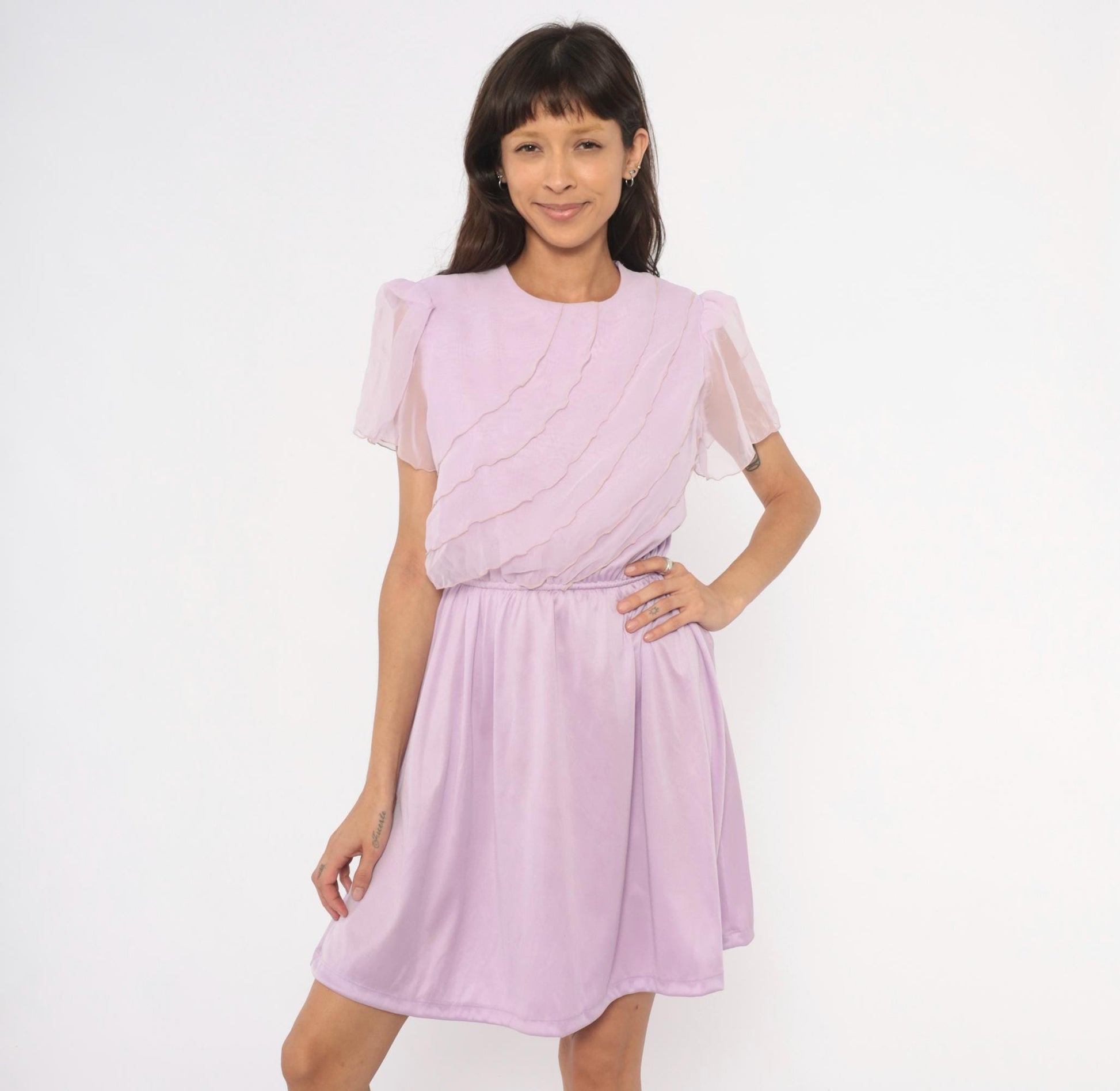 70s Lilac Chiffon Dress Flutter Sleeve Ruffle Bodice Knee-Length Small Medium