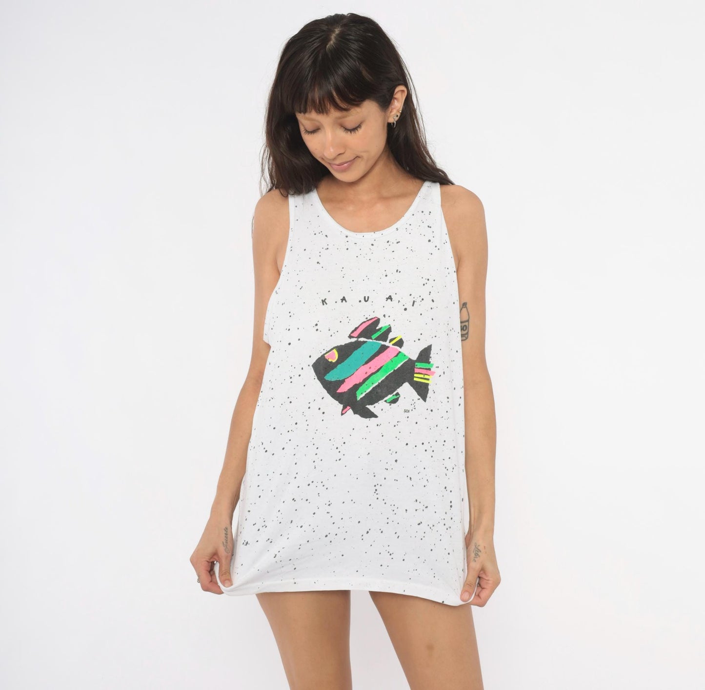 90s Oneita Kauai Fish Tank Top White Splatter Paint Neon Graphic Cotton Large L