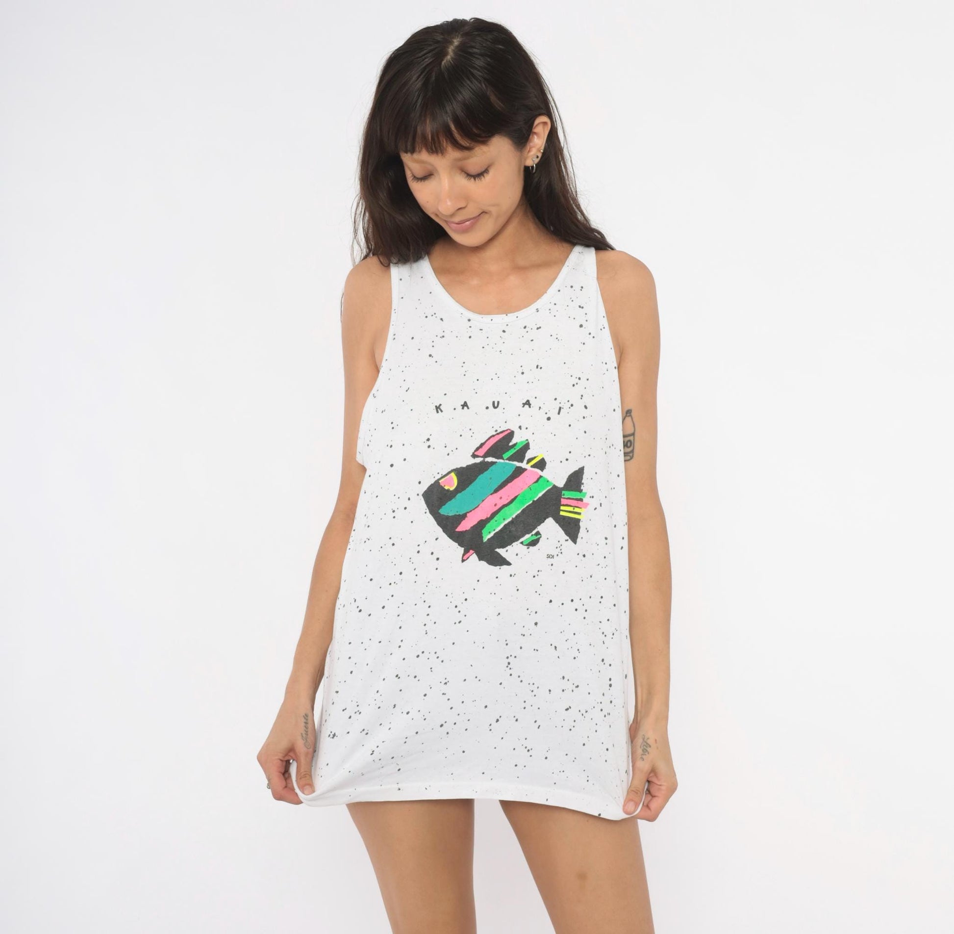 90s Oneita Kauai Fish Tank Top White Splatter Paint Neon Graphic Cotton Large L