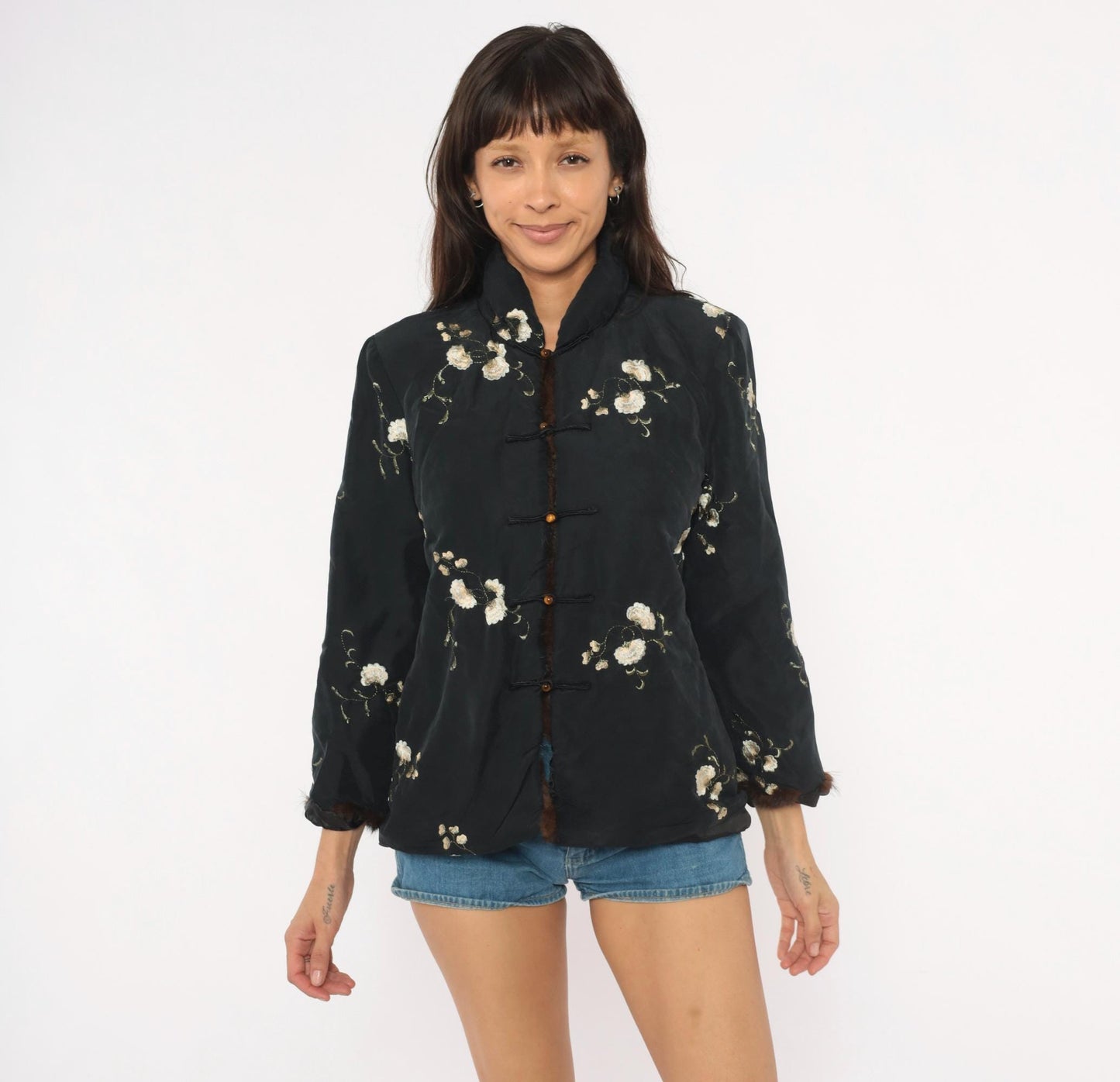 90s Esme Black Silk Jacket Embroidered Floral Mandarin Collar Quilted Small S
