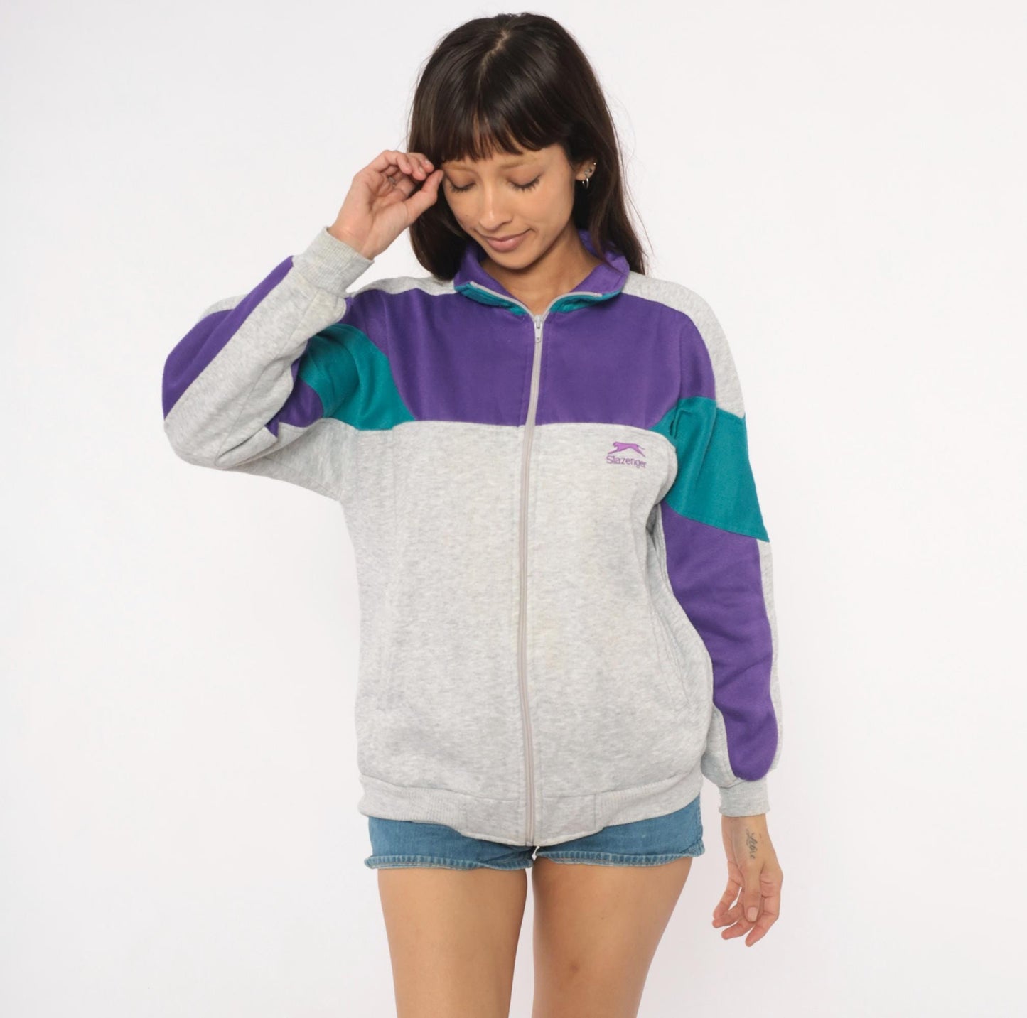 80s Slazenger Colorblock Zip Sweatshirt Purple Grey Teal Small