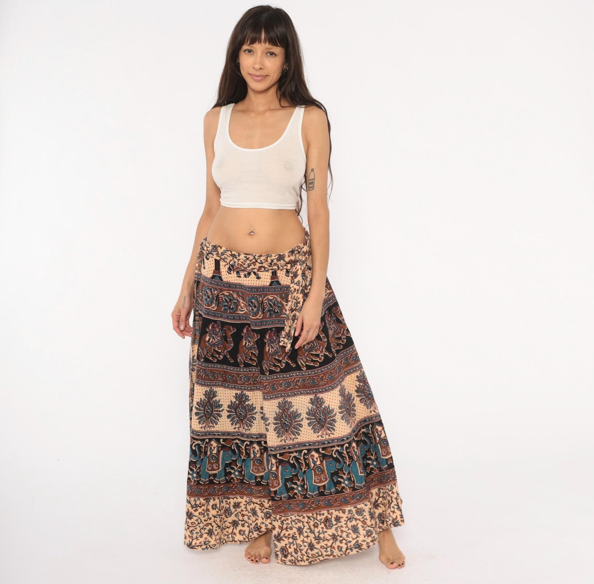 90s Indian Block Print Cotton Wrap Skirt Elephant Peacock Tan Black Teal Small-Large