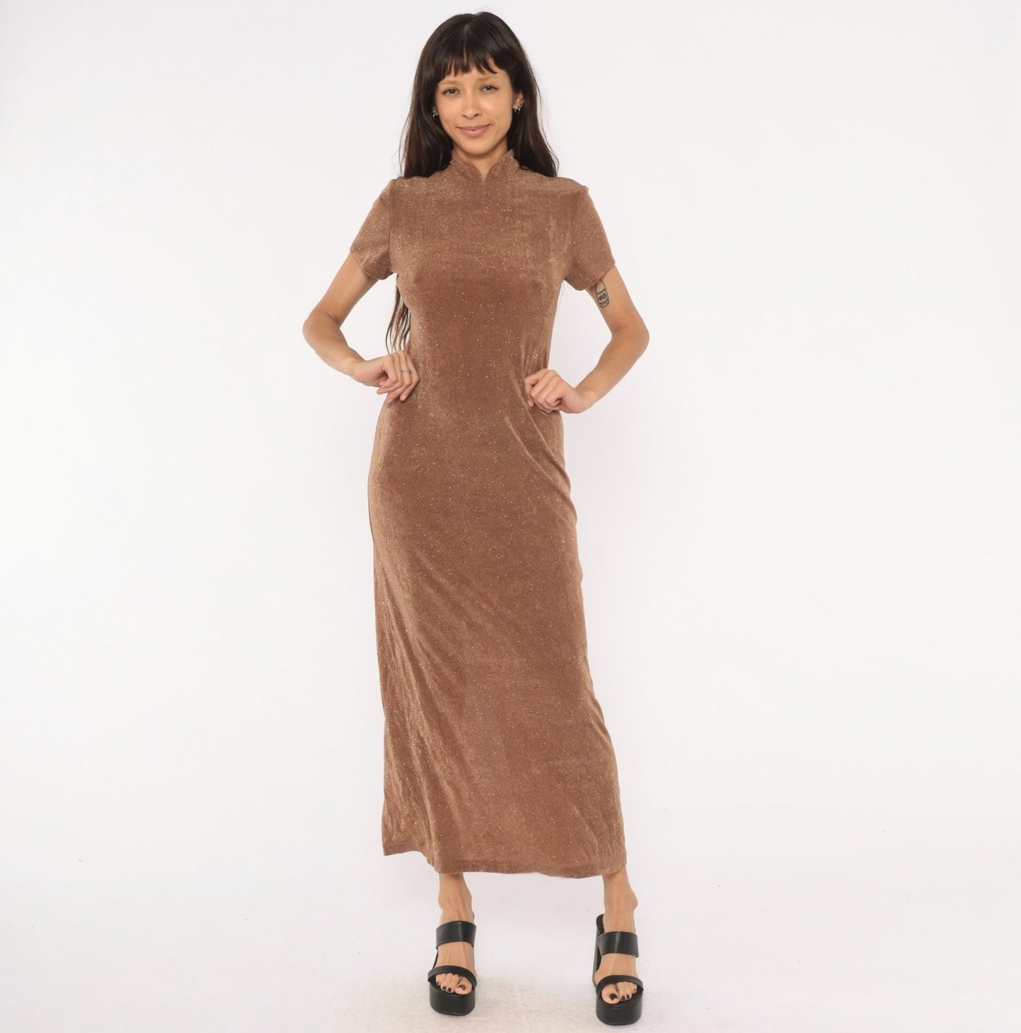 90s Jessica Howard Mocha Velvet Maxi Dress Glitter Mock Neck Small