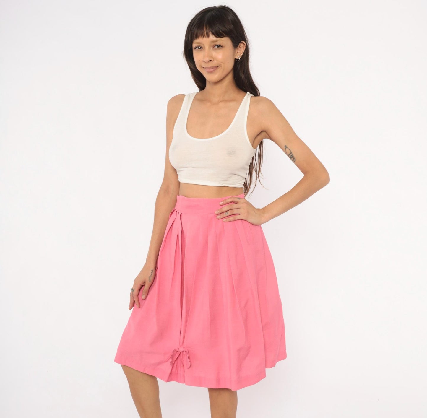 60s Pink Pleated Skirt High Waist Bubble Bow Tie Full Skirt Small