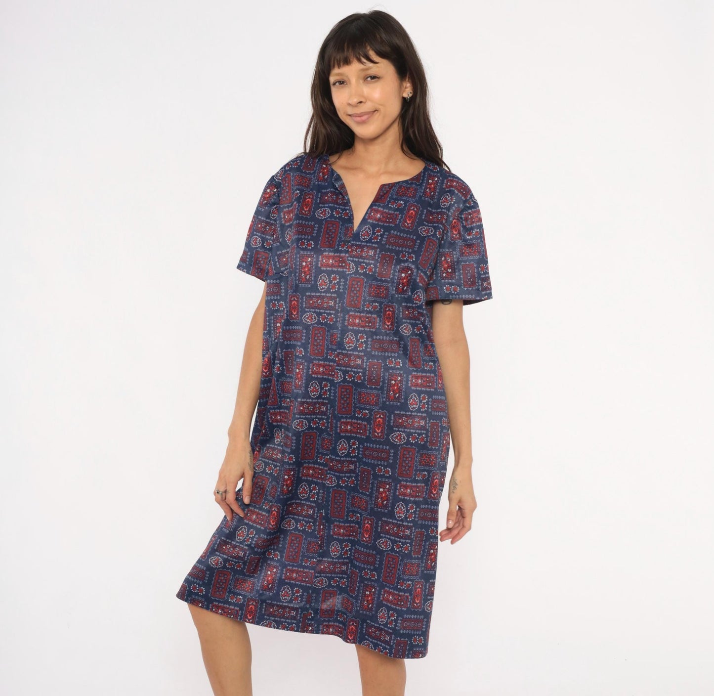 70s Navy Bandana Patchwork Shift Dress Red Floral Folk Print Knee Length Extra Large