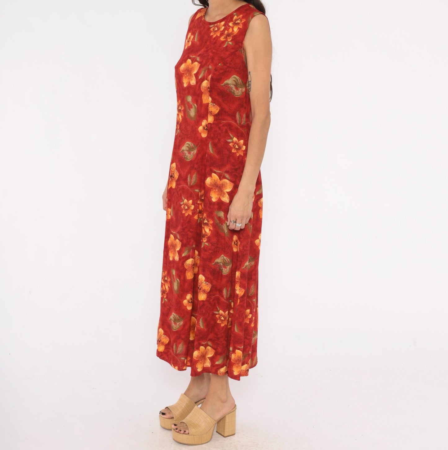 90s Olivia Rose Floral Maxi Dress Red Orange Sleeveless Keyhole Back Medium