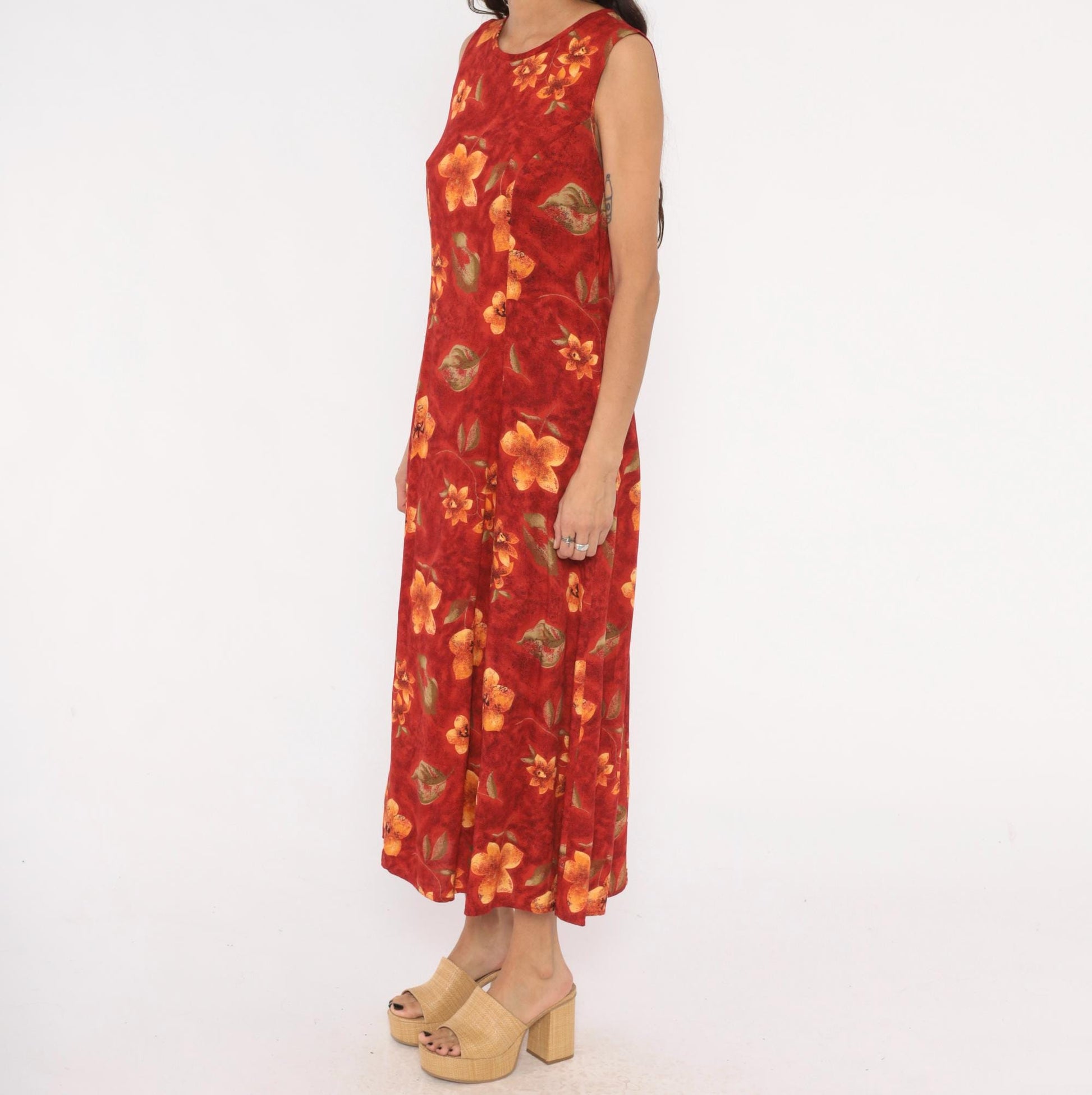 90s Olivia Rose Floral Maxi Dress Red Orange Sleeveless Keyhole Back Medium