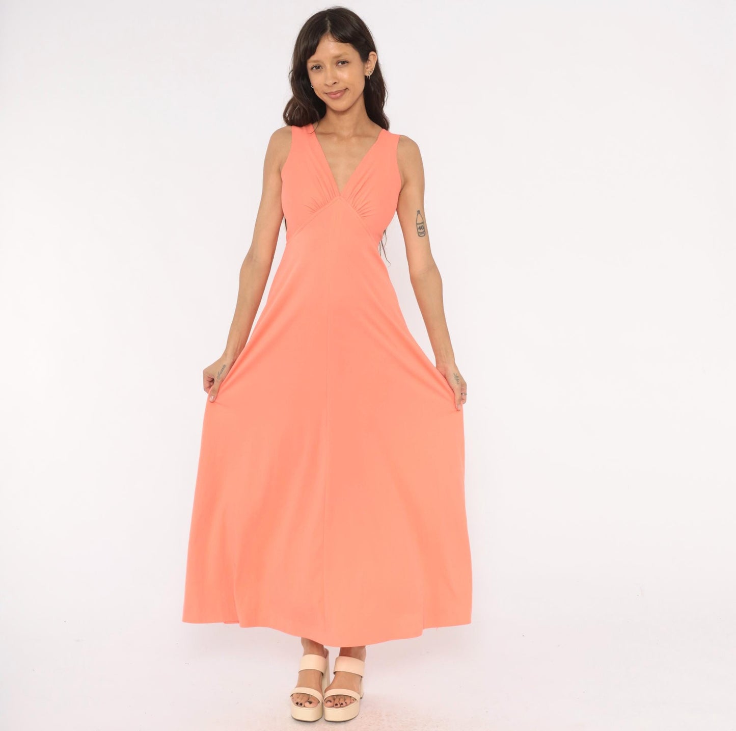 70s Coral Maxi Dress Sleeveless V Neck Empire Waist A-Line Small S