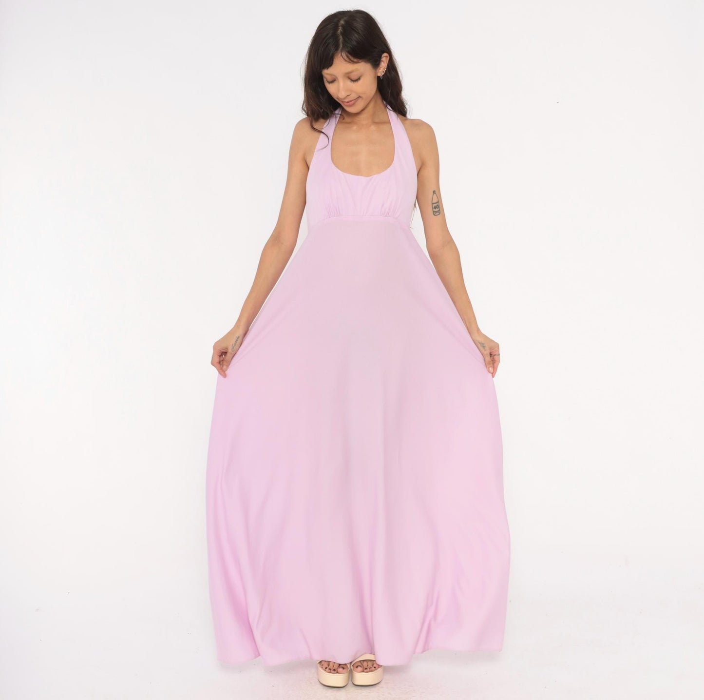 70s Lilac Halter Maxi Dress Empire Waist Open Back Floor Length Medium
