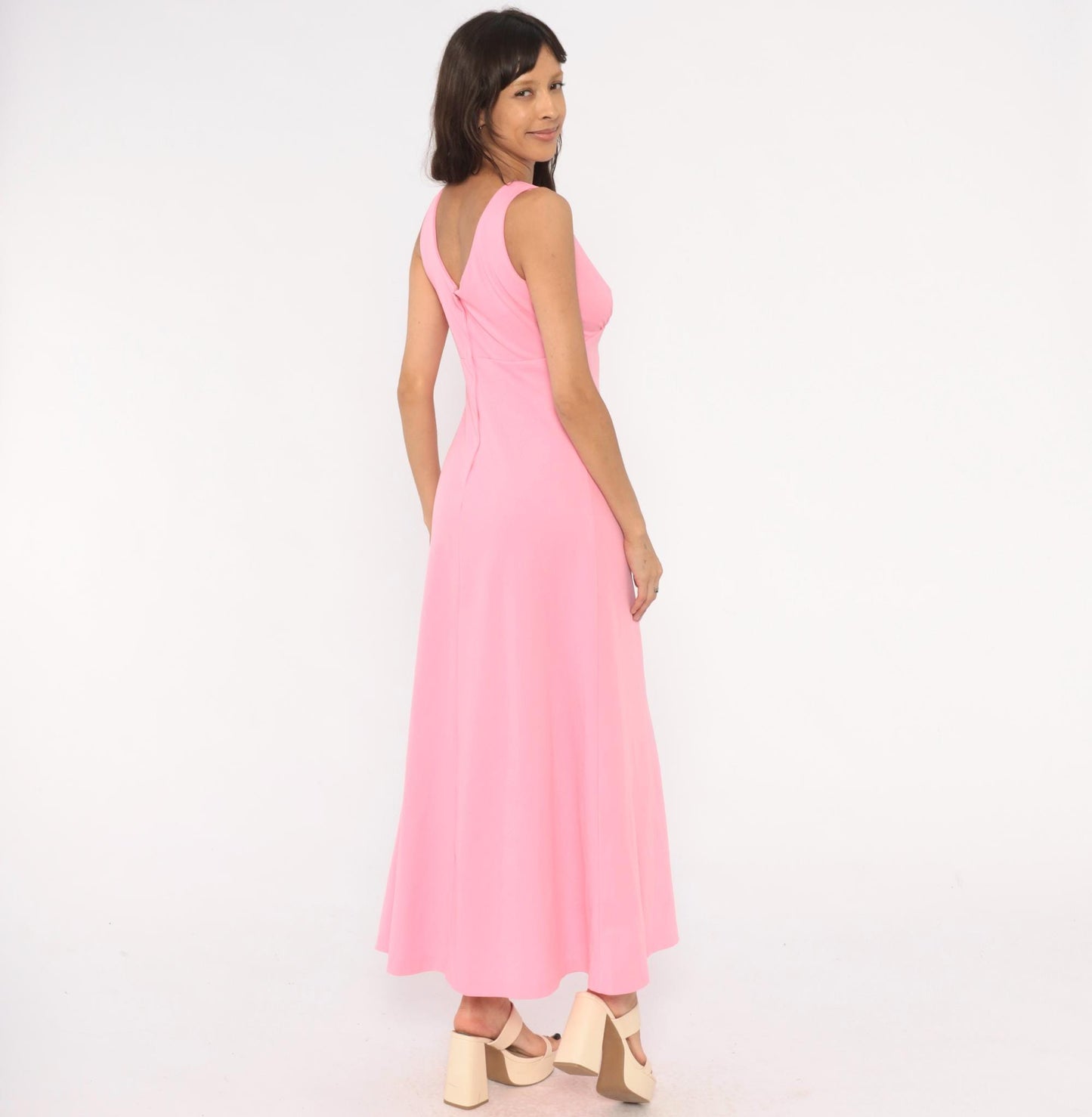70s Bubblegum Pink Maxi Dress V Neck Empire Waist A Line Ankle Length Medium M