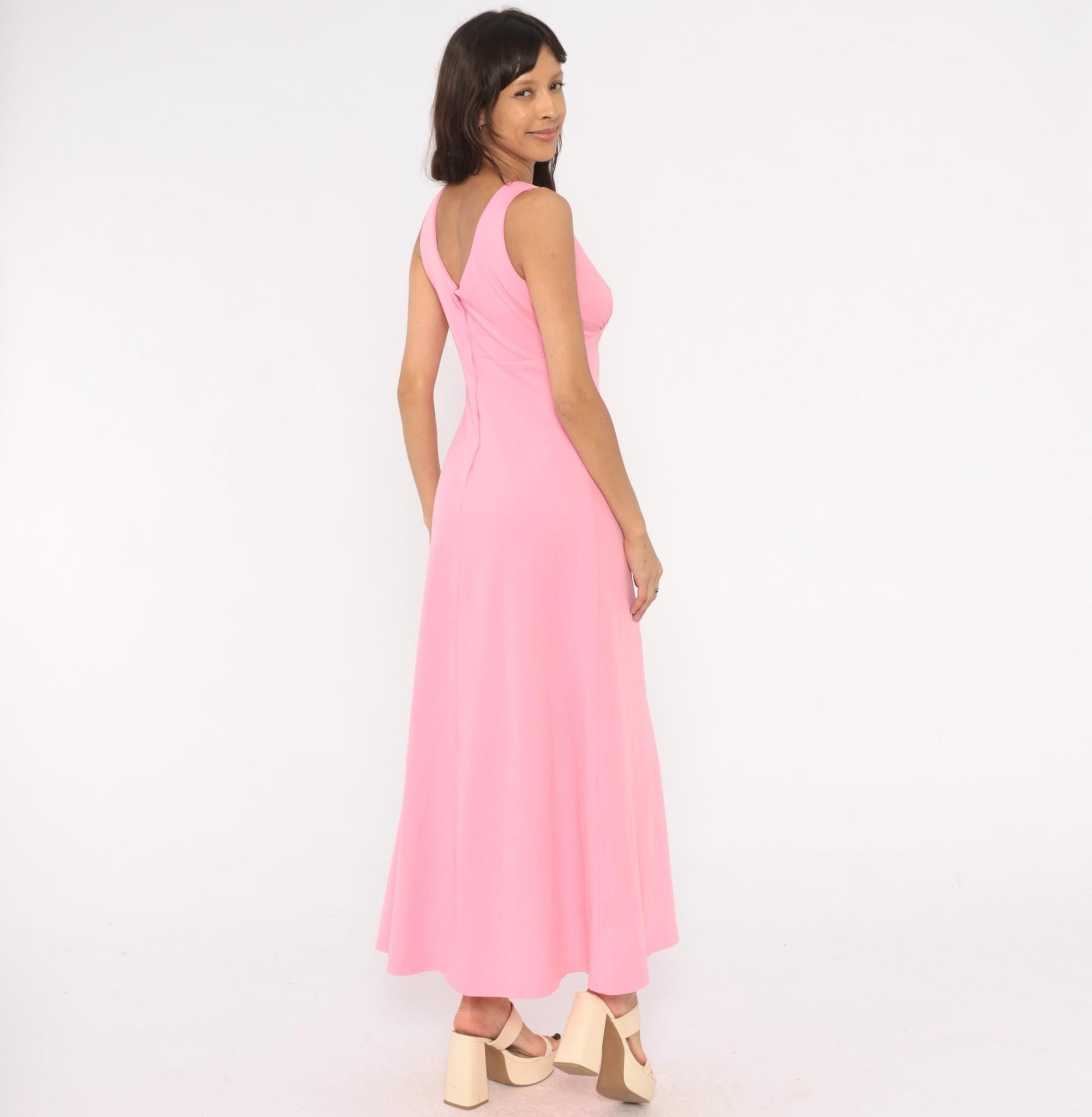 70s Bubblegum Pink Maxi Dress V Neck Empire Waist A Line Ankle Length Medium M