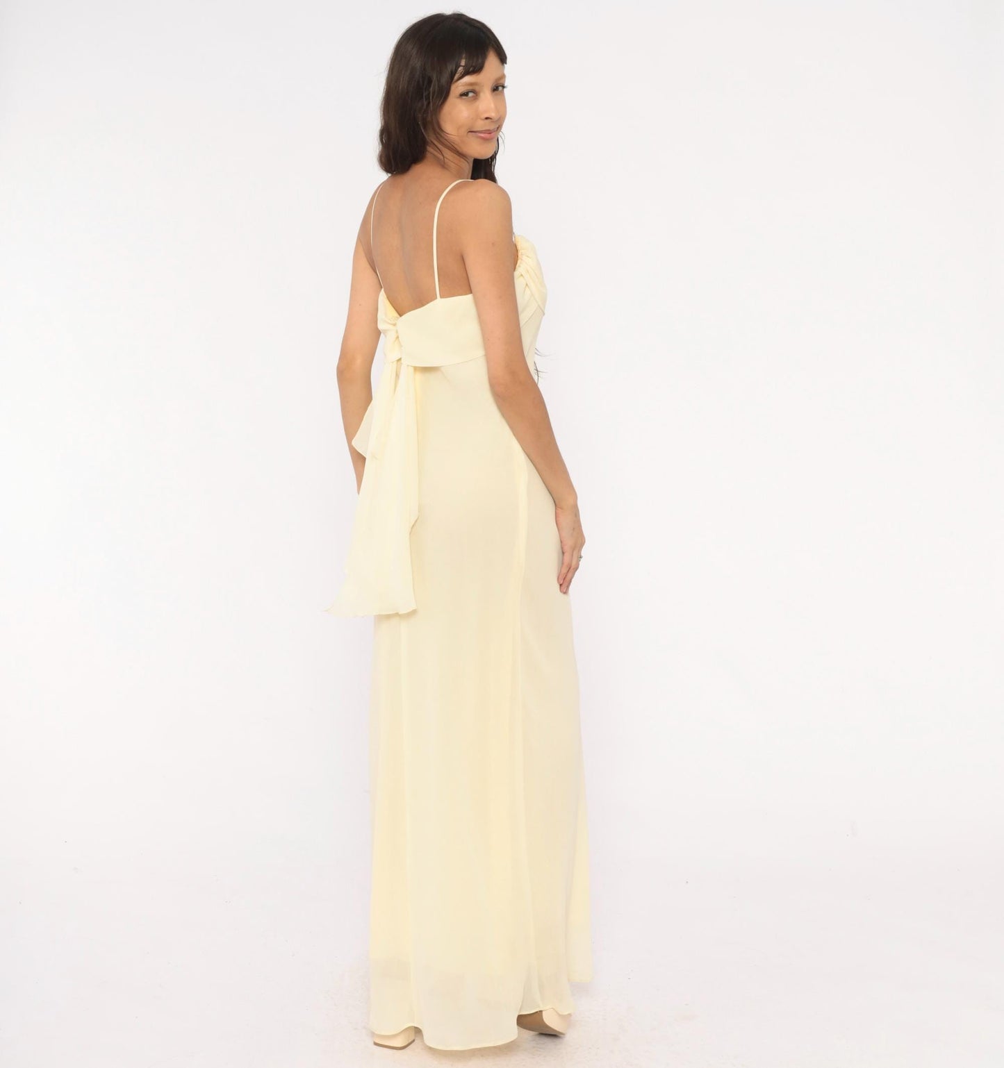 70s Jody Pale Yellow Cowl Neck Maxi Gown Spaghetti Strap Medium M