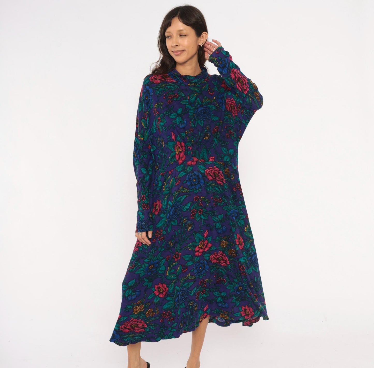 90s Alison J. Floral Mock Neck Midi Dress Purple Teal Long Sleeve Large L