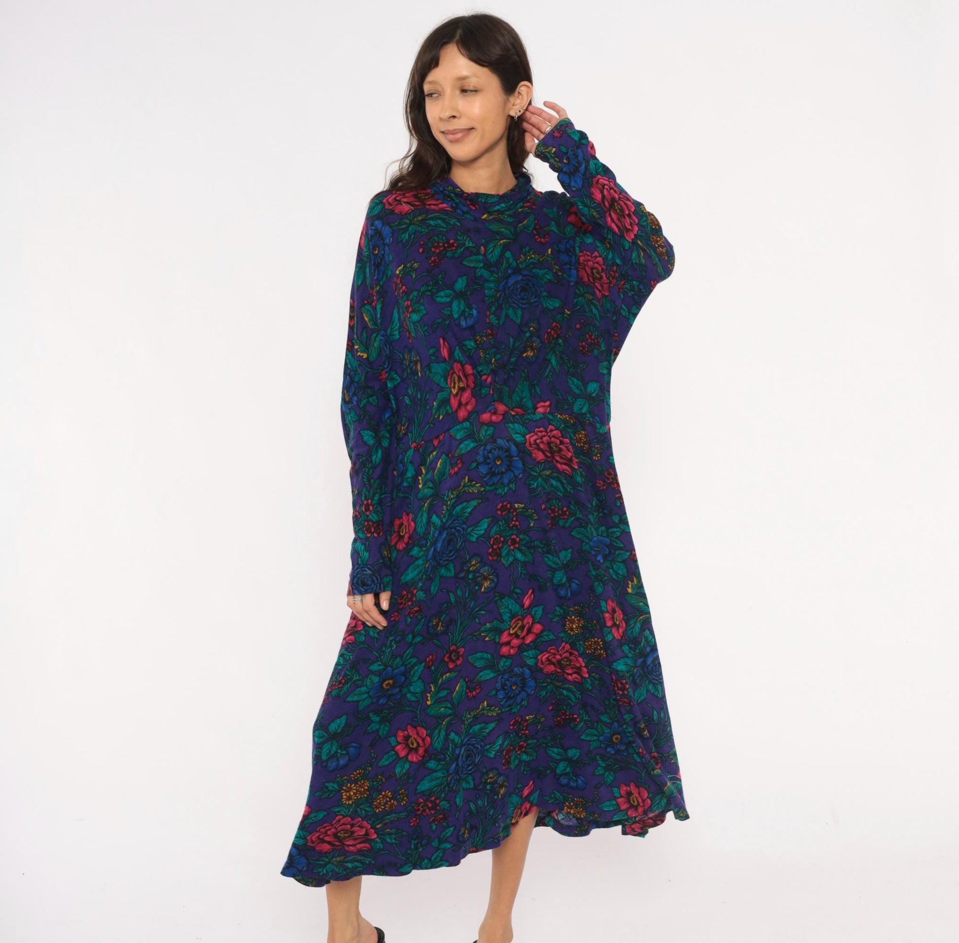 90s Alison J. Floral Mock Neck Midi Dress Purple Teal Long Sleeve Large L