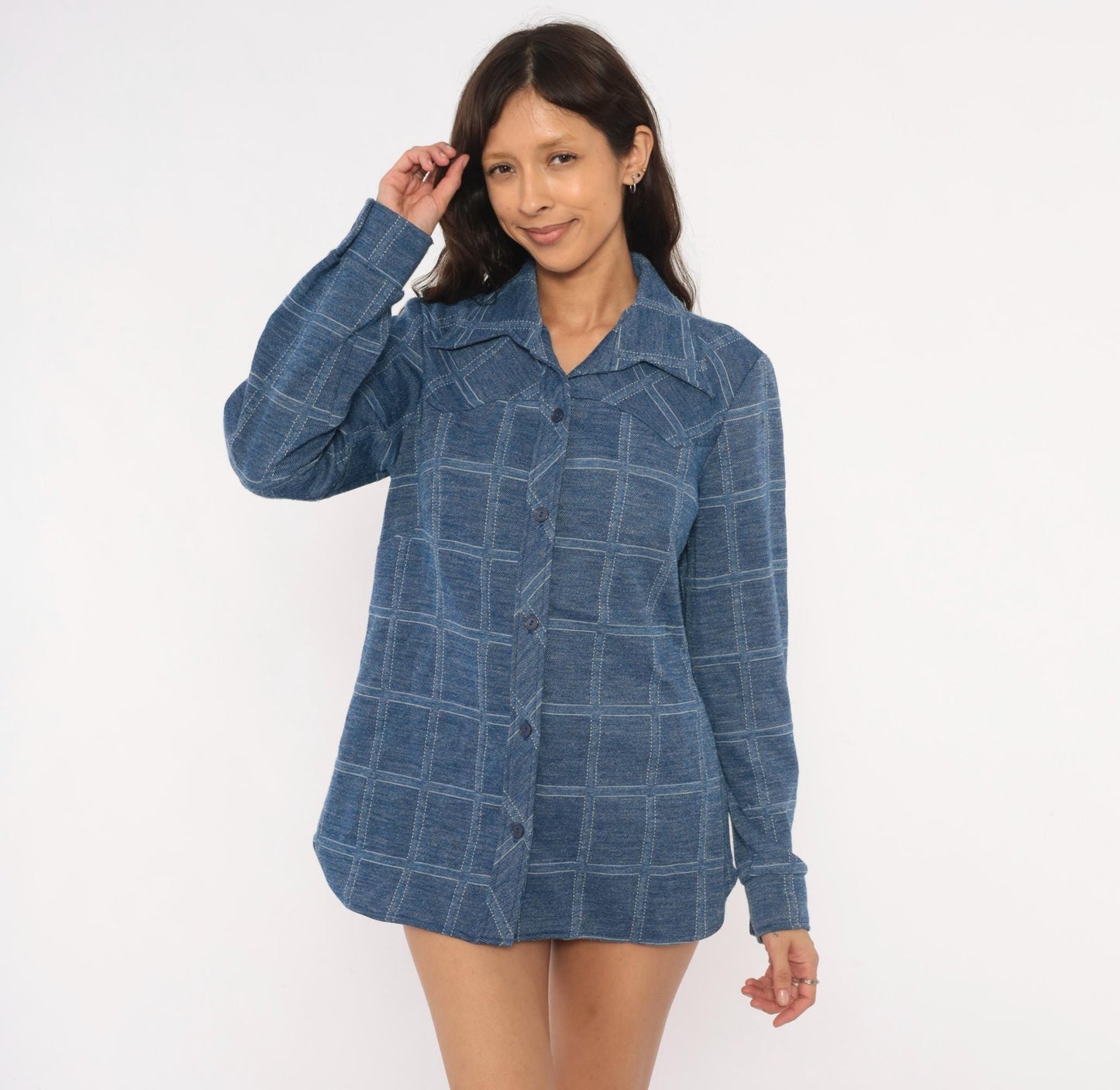 70s Sears Fashions Windowpane Plaid Shirt Navy Blue Pointed Collar Tunic Large