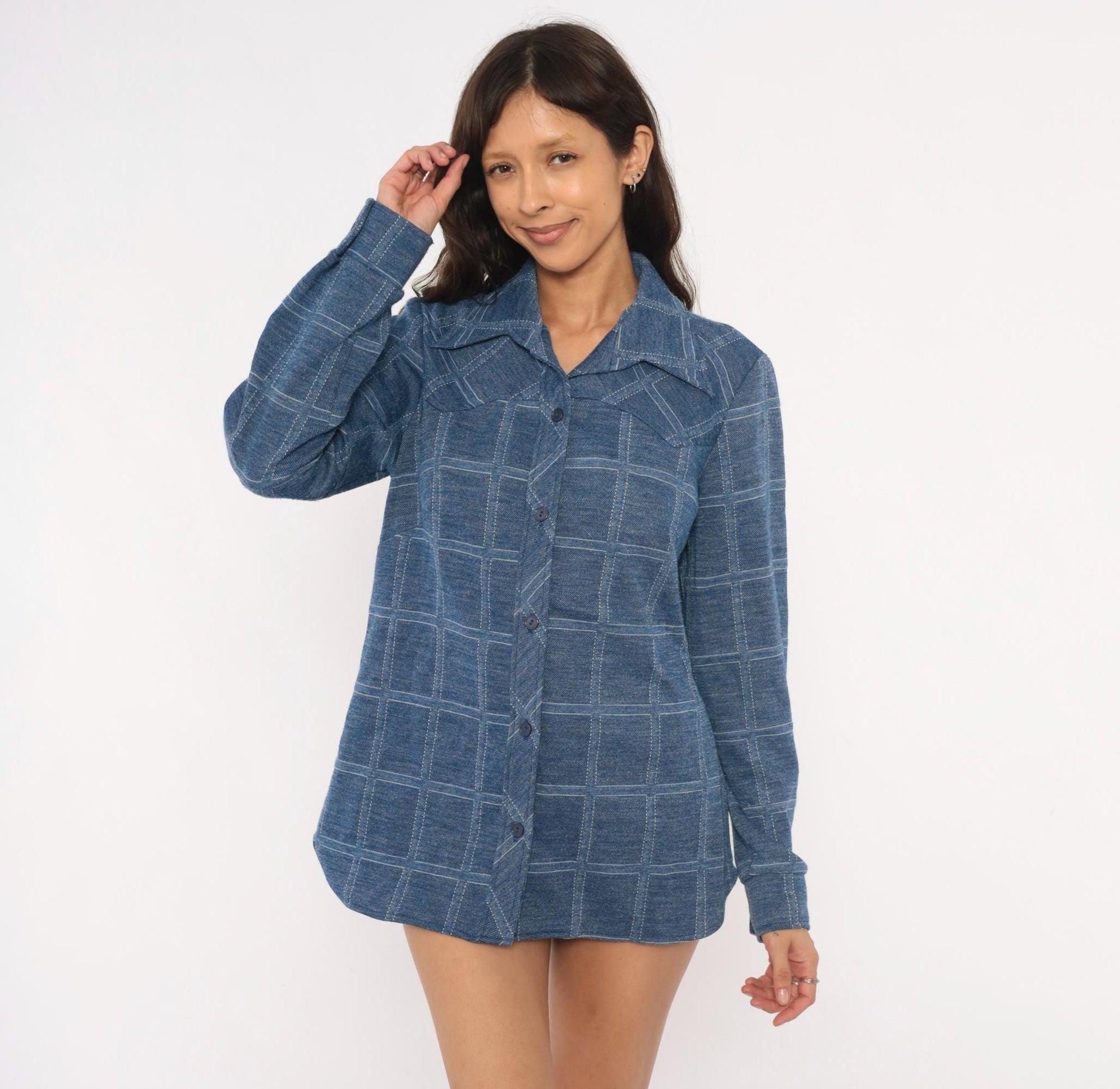 70s Sears Fashions Windowpane Plaid Shirt Navy Blue Pointed Collar Tunic Large