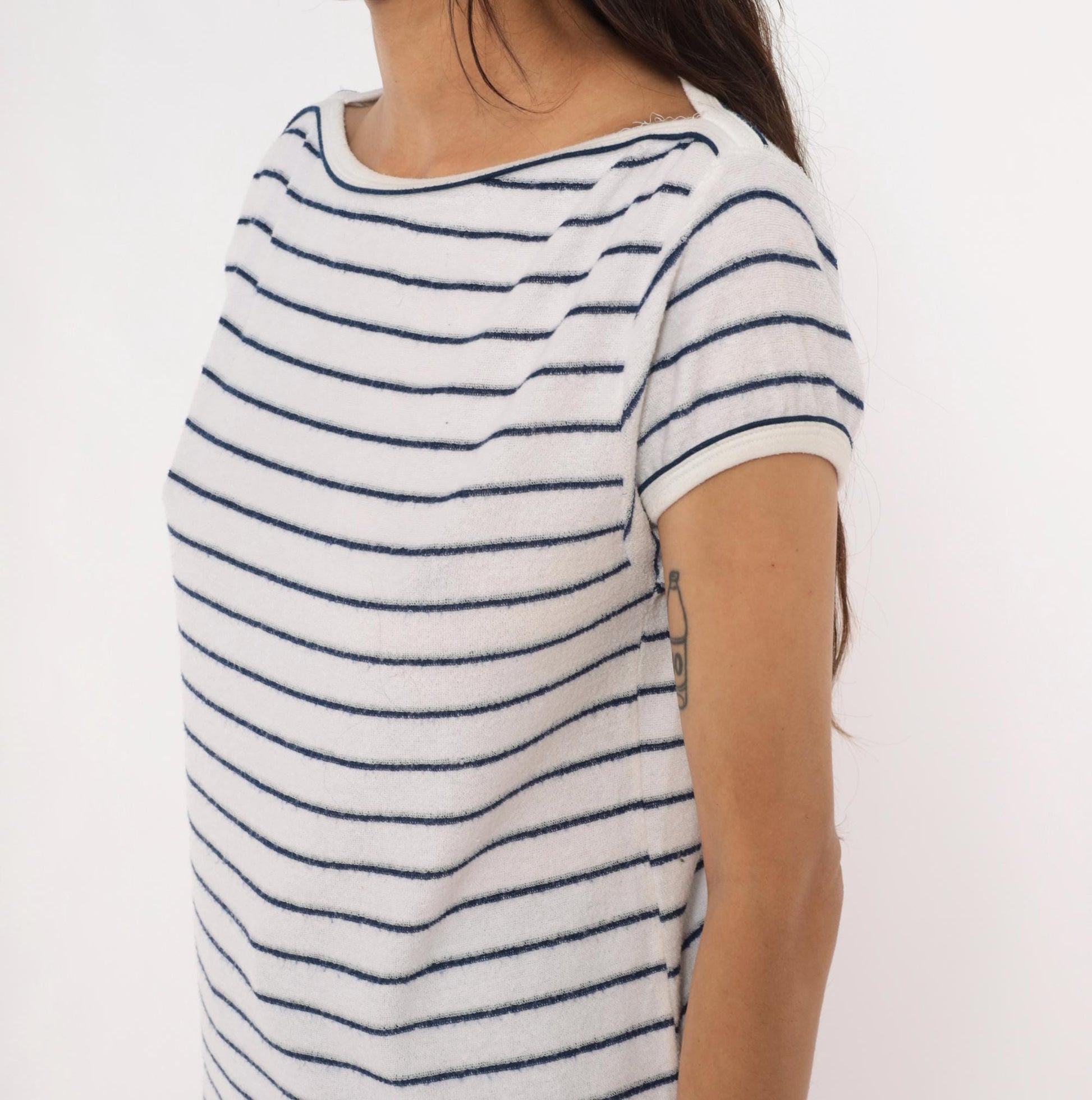 80s Catch One Striped Boat Neck Top White Navy Breton Knit Large L