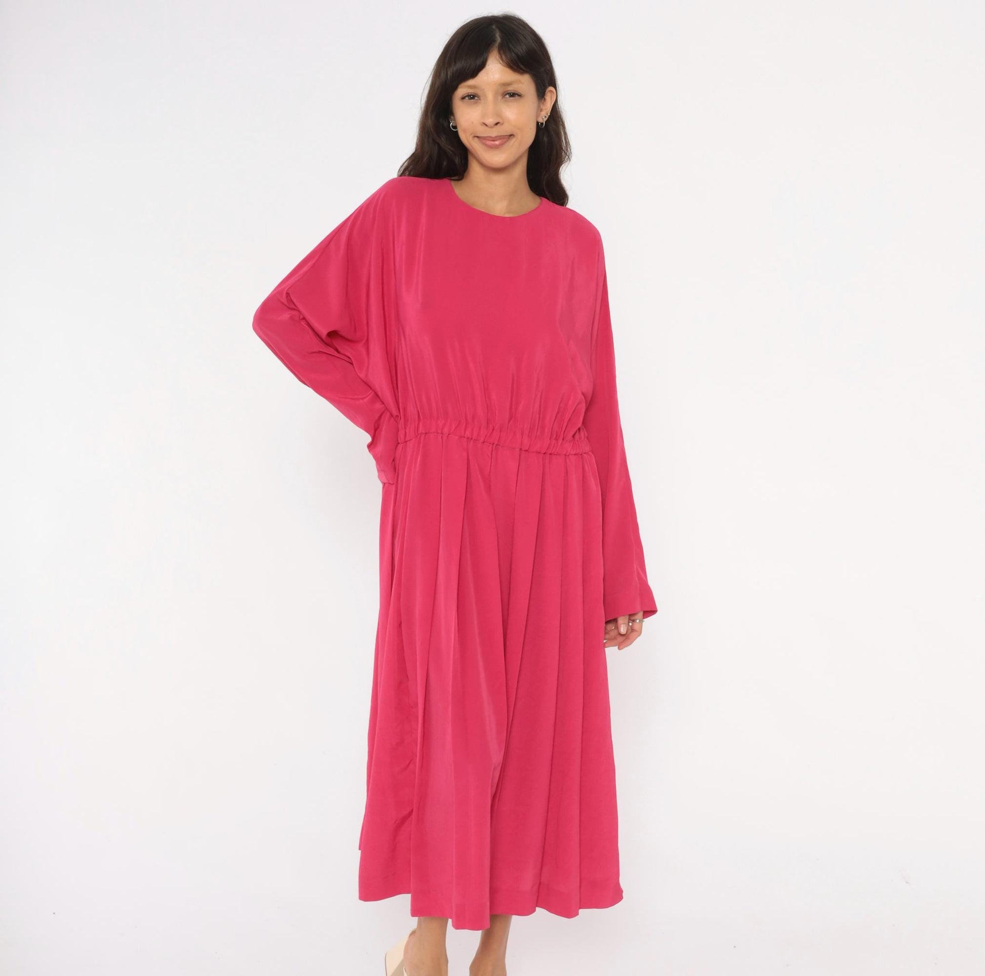1980s J.Ellis II Fuchsia Midi Dress Blouson Waist Pleated Skirt Extra Large
