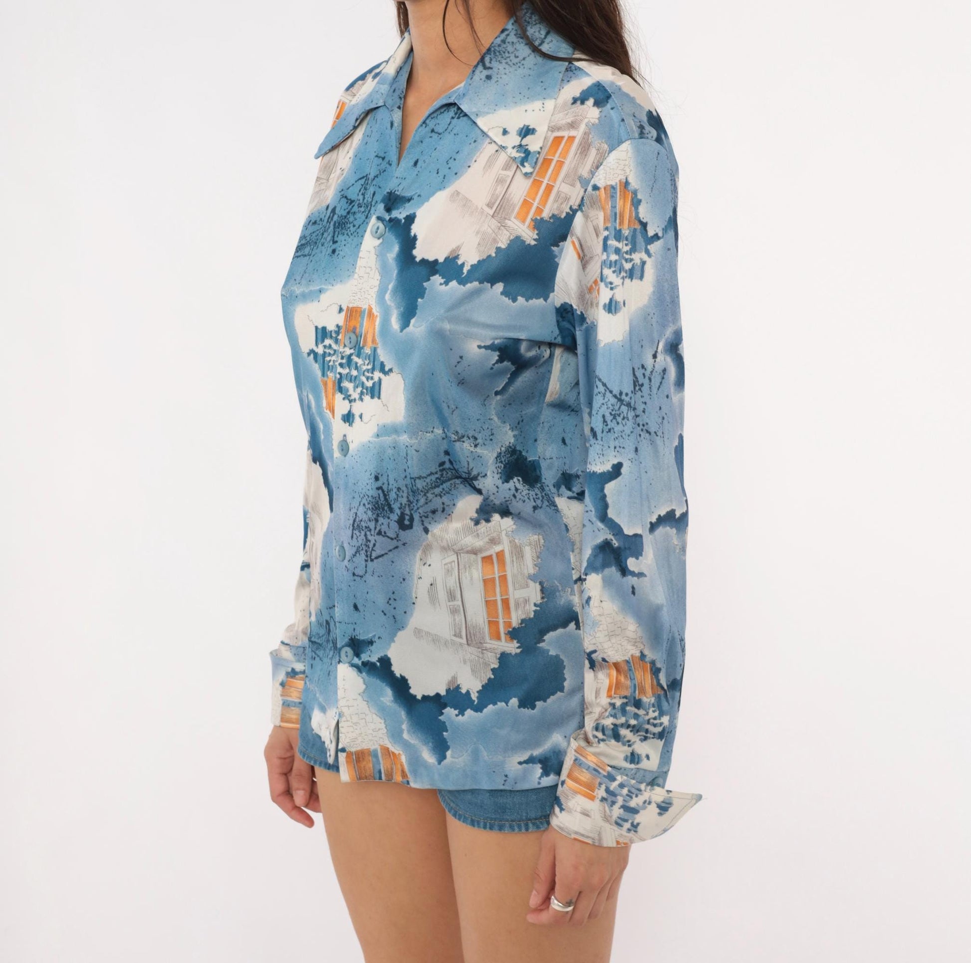 70s Triumph of California Architectural Print Shirt Blue Pointed Collar Medium