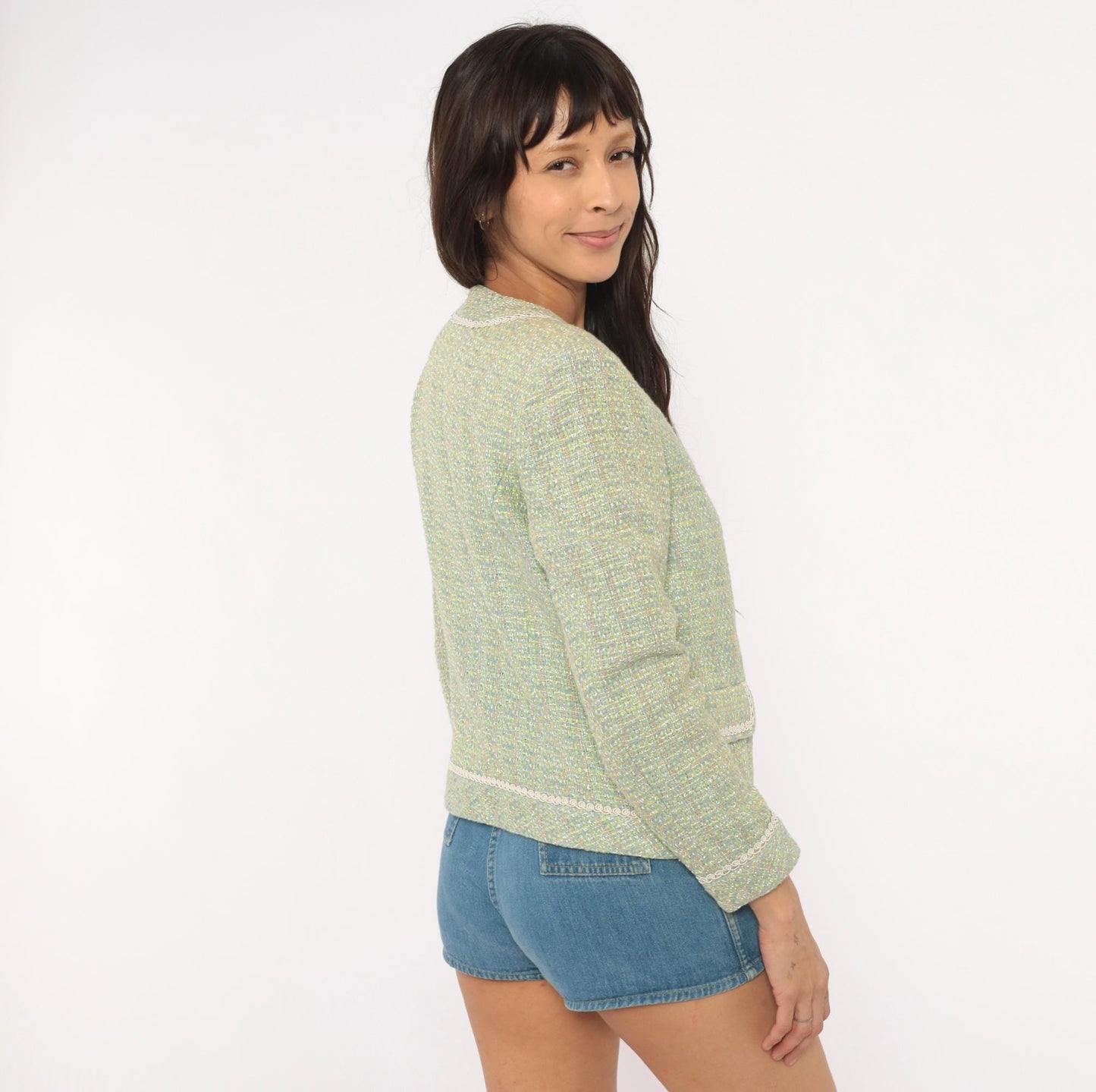 2000s Henry Lee Sage Tweed Blazer Collarless V-Neck Boucle Small S