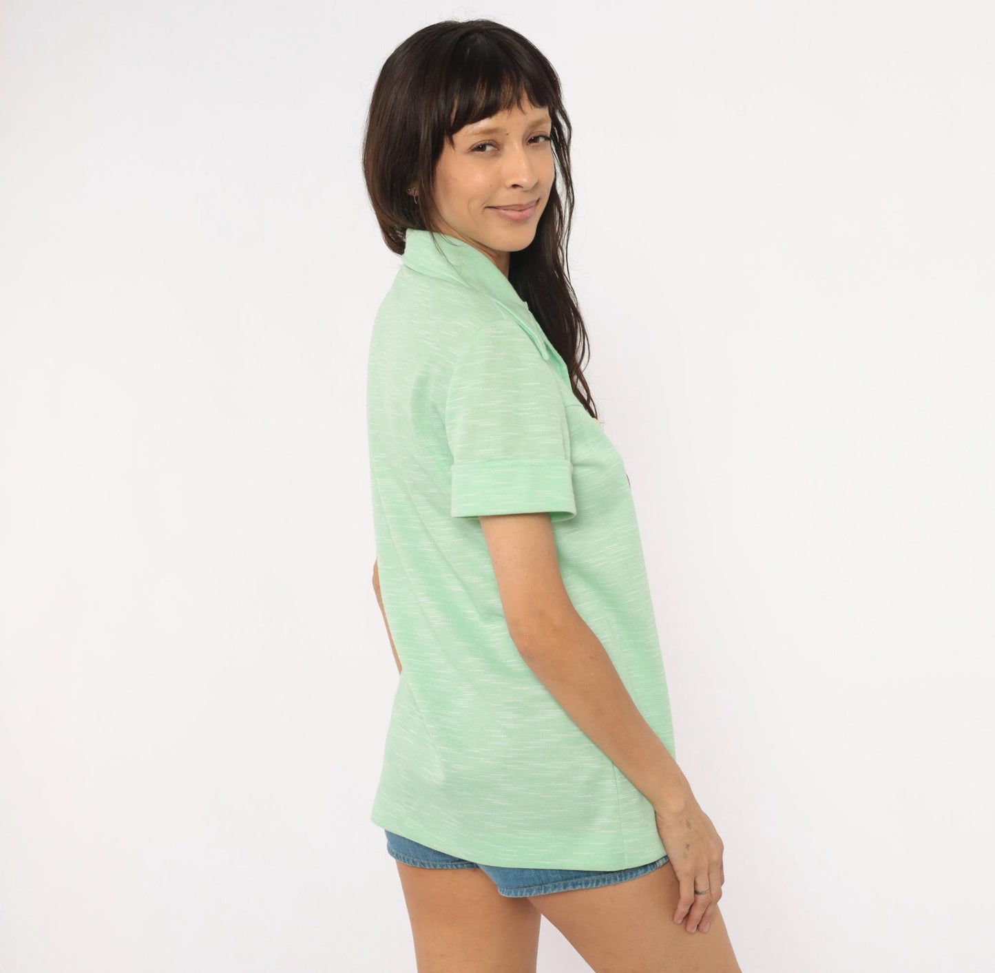 70s West Coast Fashions Mint Green Western Yoke Shirt Cuffed Sleeve Large L