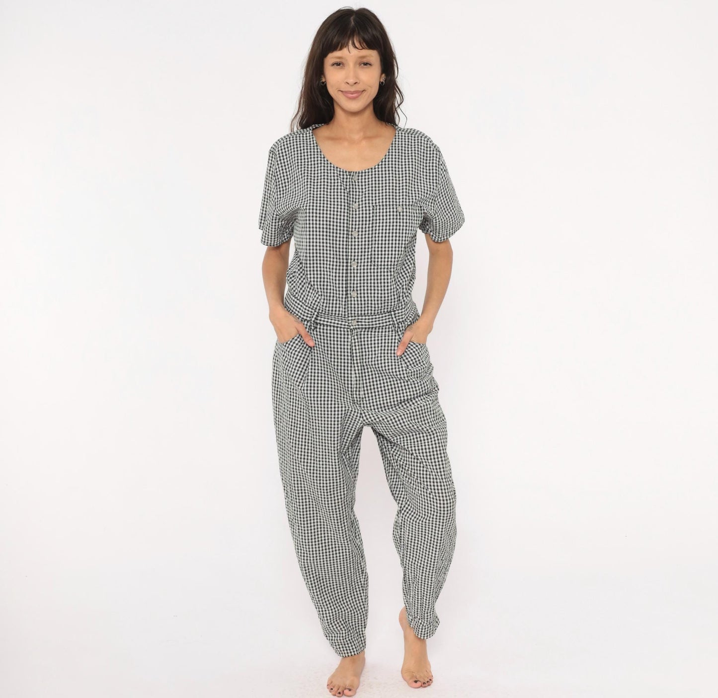 90s Lizwear Black White Gingham Cotton Jumpsuit Tapered Leg Large L