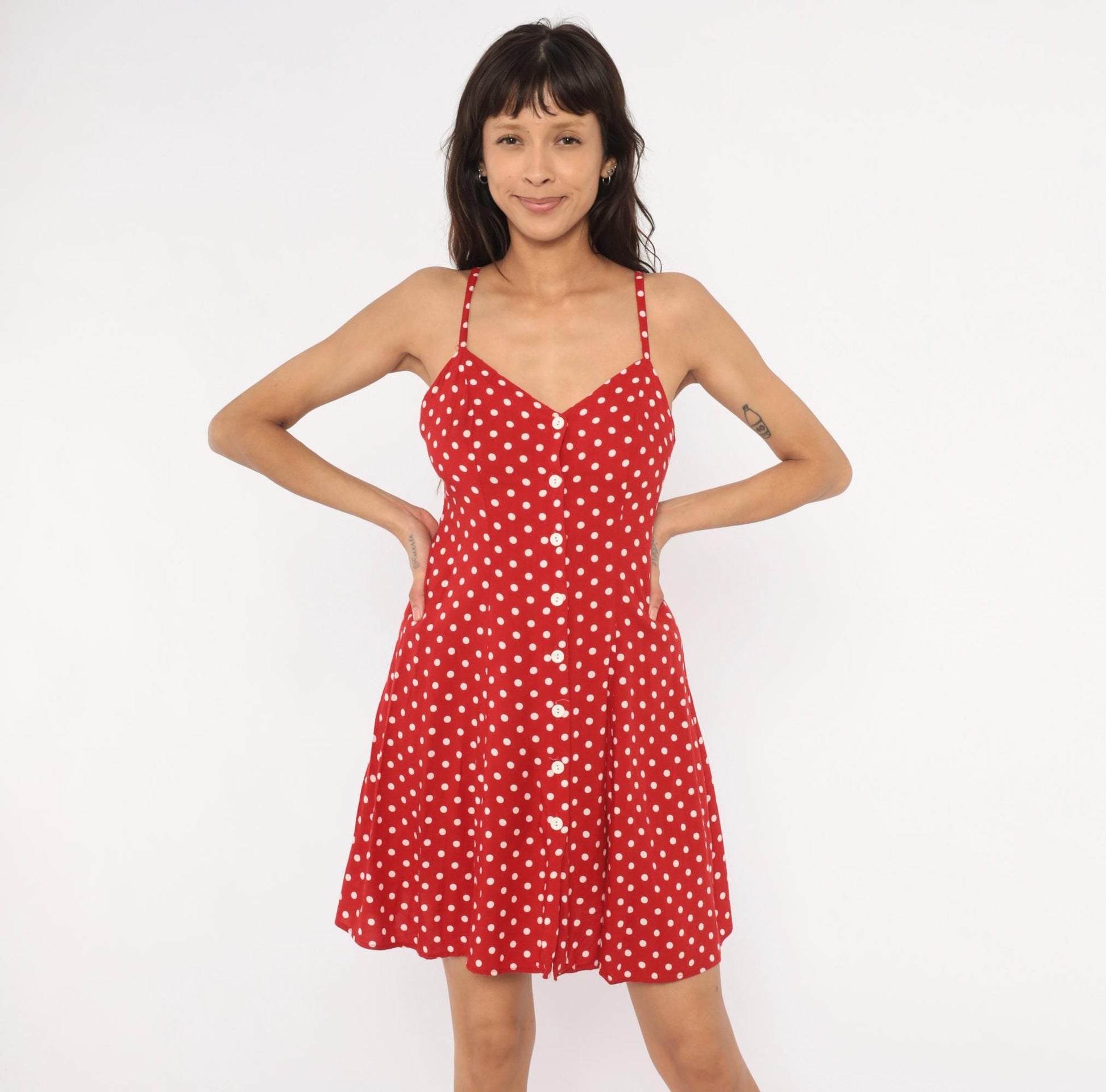 90s Moda INTL Red Polka Dot Sundress Spaghetti Strap V Neck Mini Small S