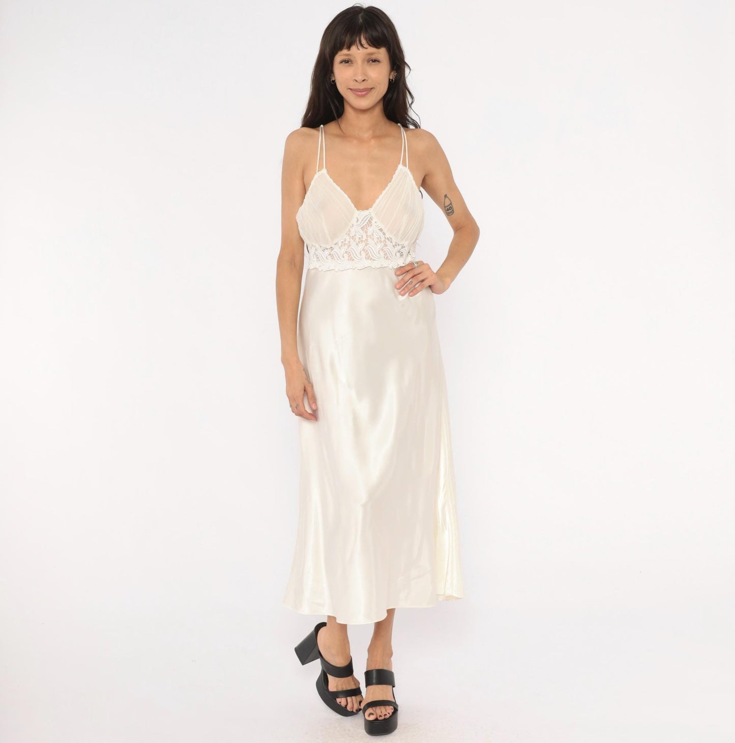 90s Just Flora Cream Satin Slip Dress Midi Lace Pleated Bust V Neck Large L