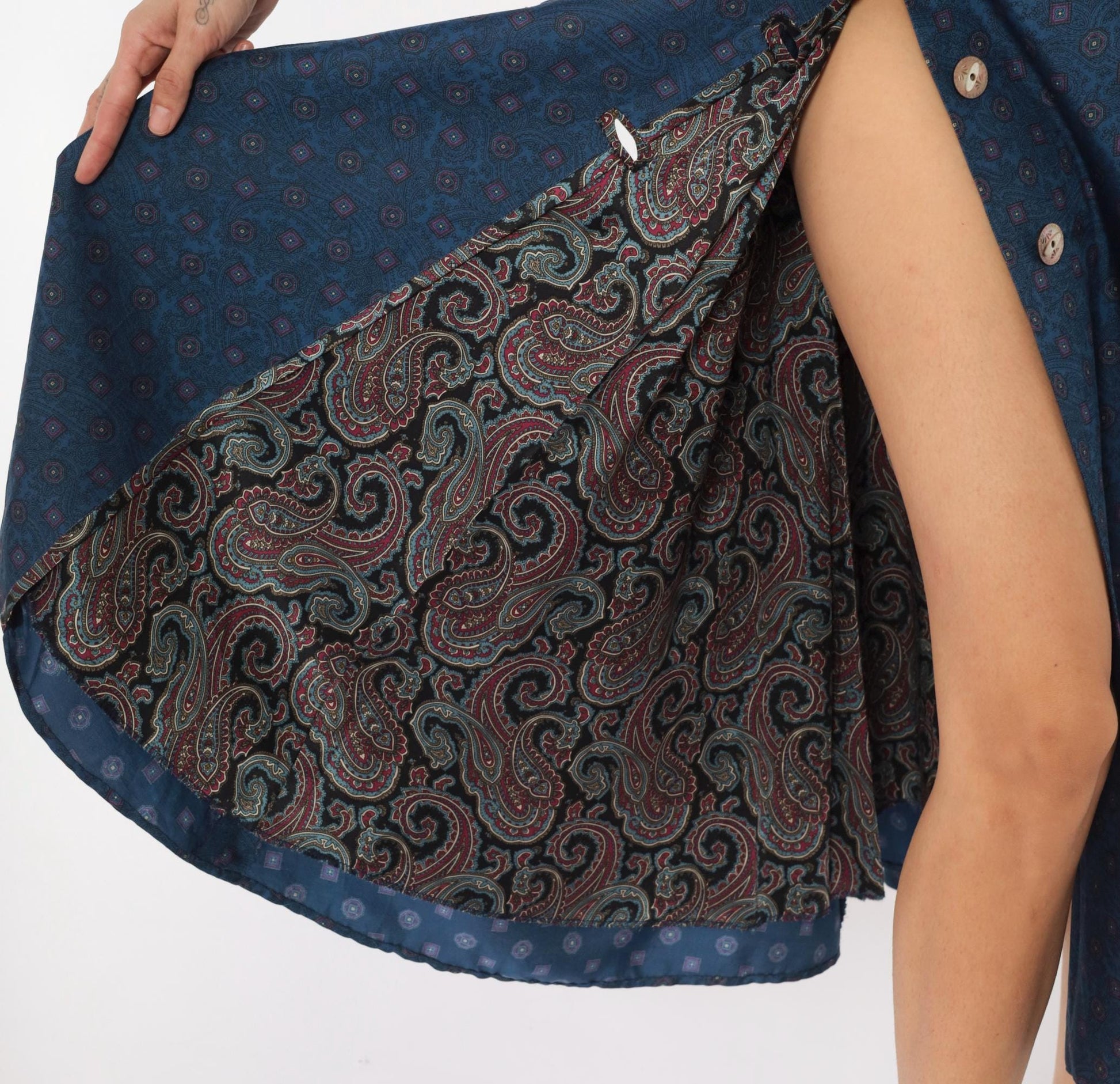 90s Donna Fredericks Navy Paisley Midi Dress Burgundy Shawl Collar Medium M
