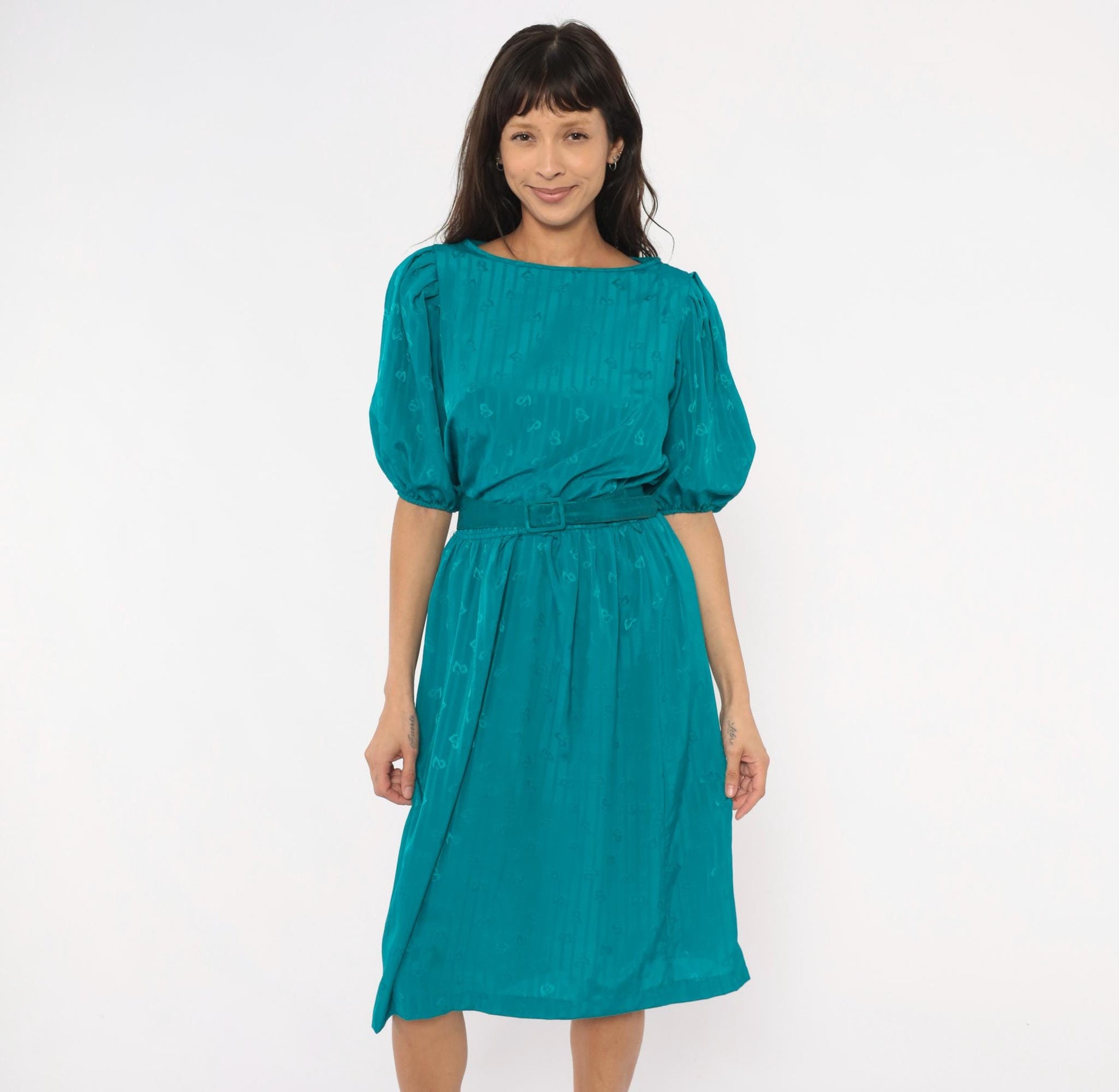 80s Liz Roberts Teal Jacquard Dress Puff Sleeve Boat Neck Knee-Length Medium