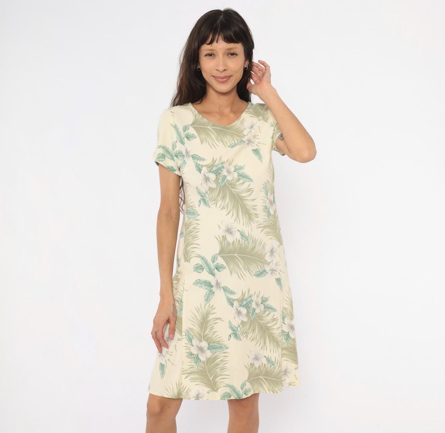 90s Hilo Hattie Hawaiian Dress Plumeria Palm Leaf Cream Olive Medium M