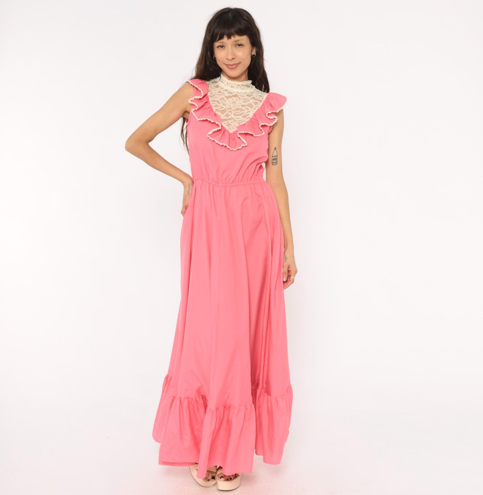 70s Pink Lace Bib Maxi Dress Ruffle Trim High Neck Floral Panel Medium