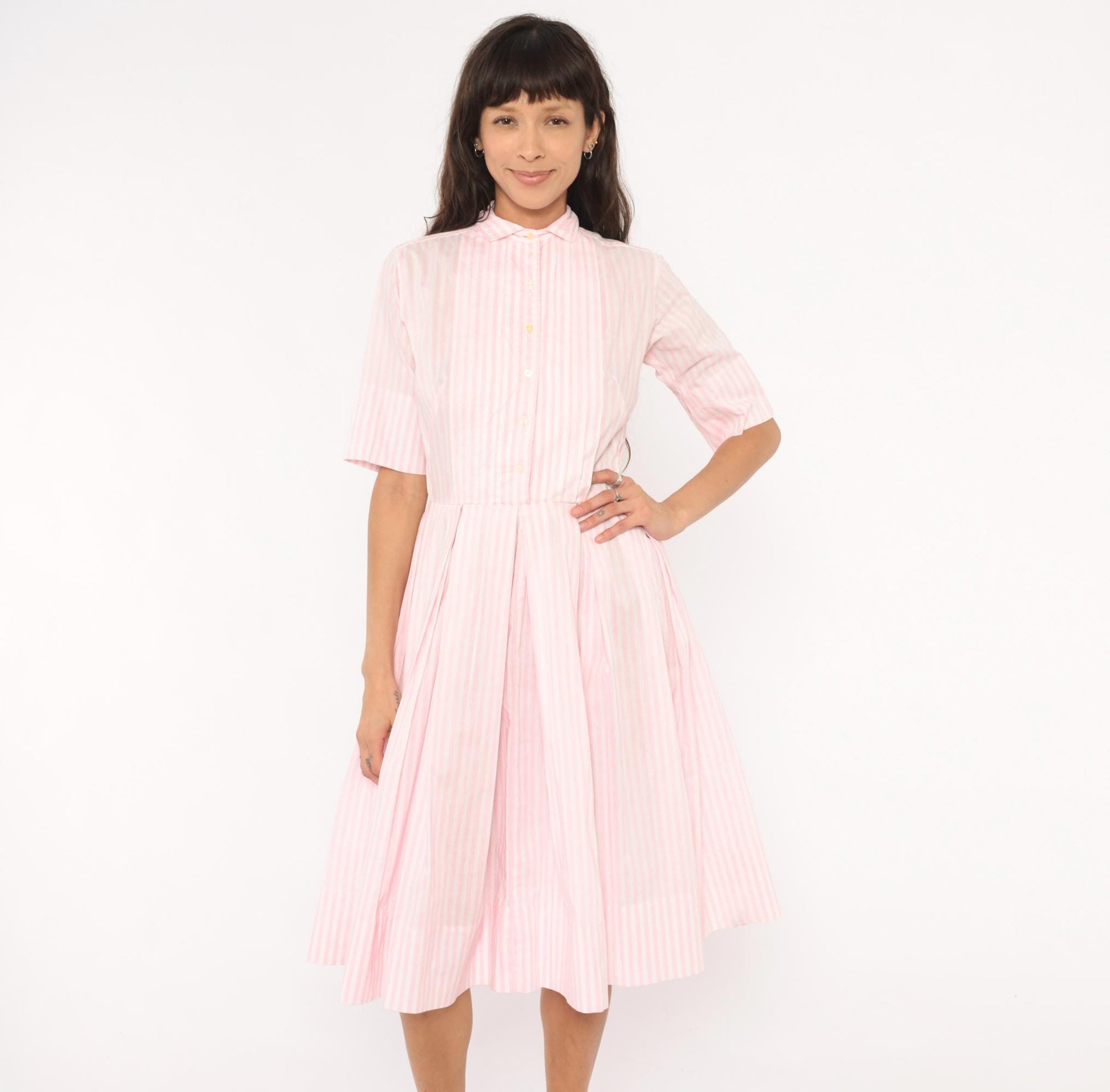60s Pink White Striped Shirtdress Pleated Knee-Length Cotton Small