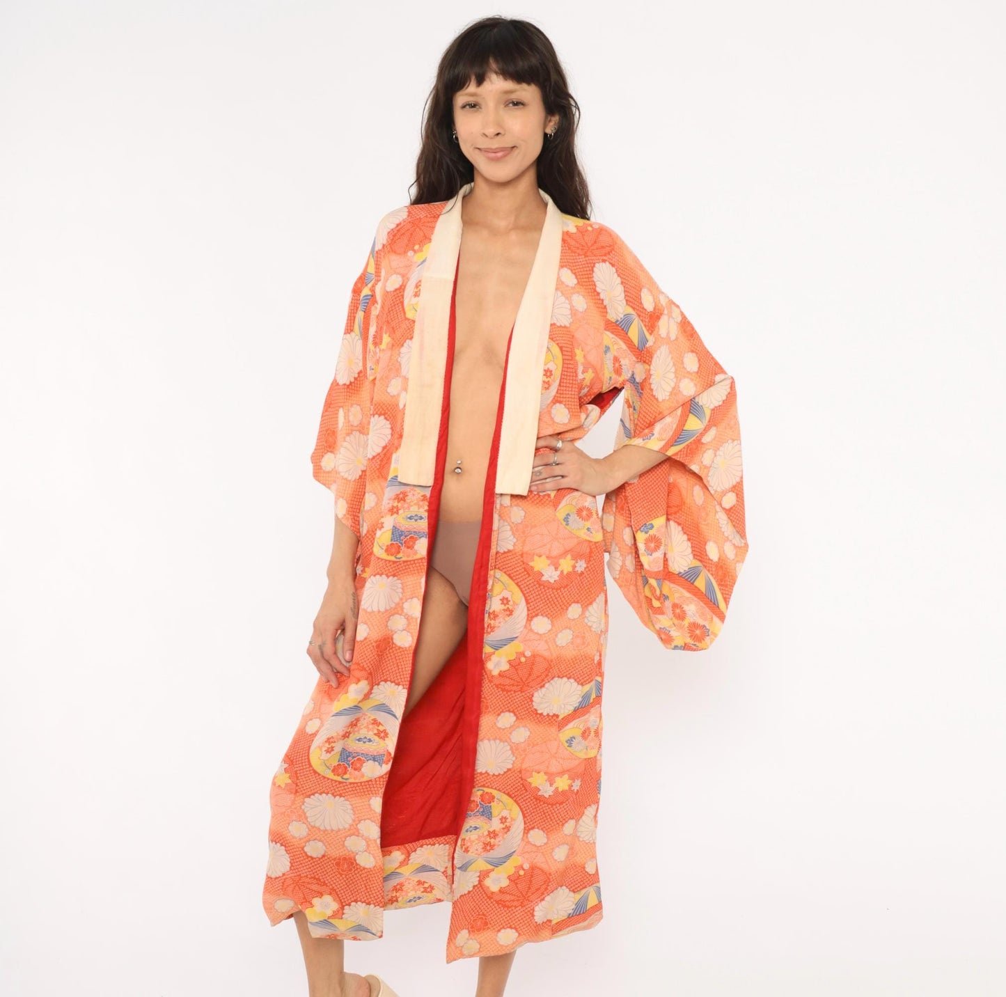 70s Japanese Silk Kimono Robe Orange Floral Chrysanthemum Midi Medium M