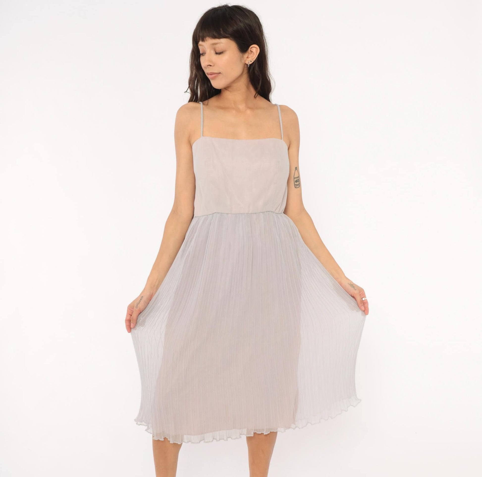 70s Lee Jordan Lavender Midi Dress Square Neck Pleated Chiffon Extra Small XS