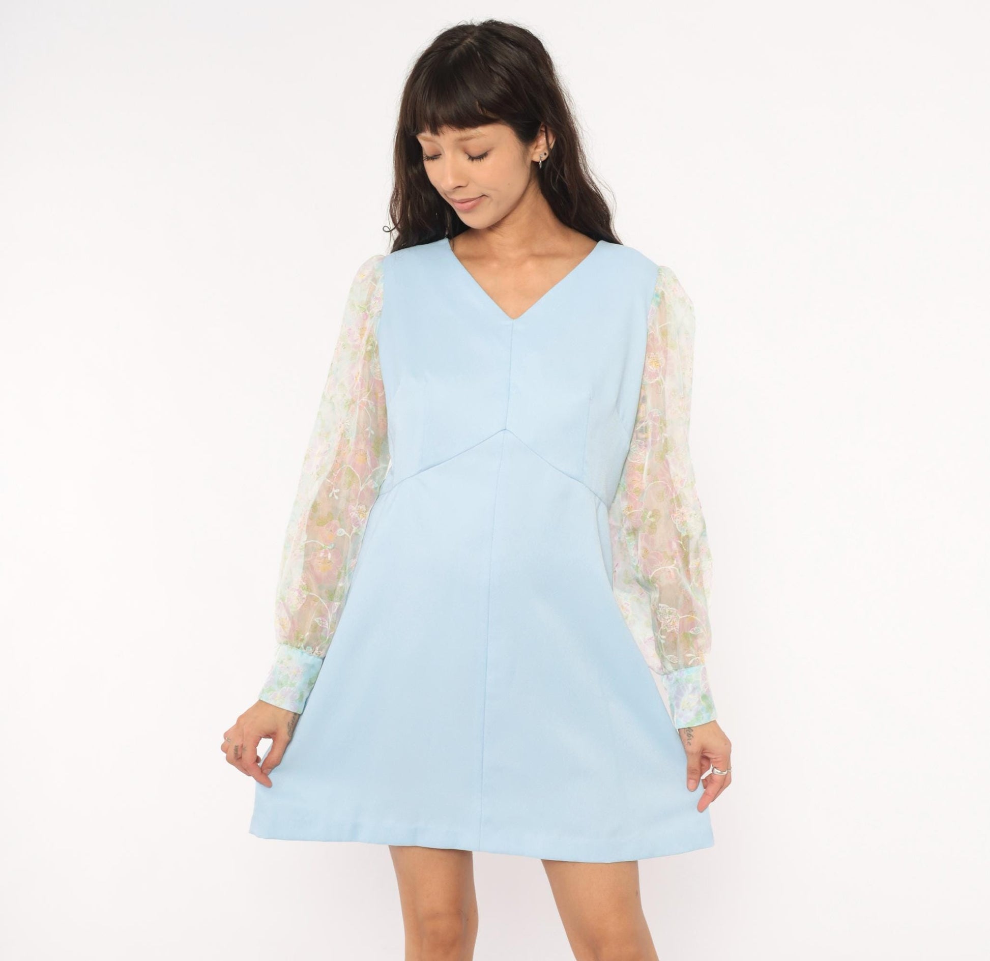 70s Sky Blue Mini Dress Sheer Floral Organza Bishop Sleeves Medium M