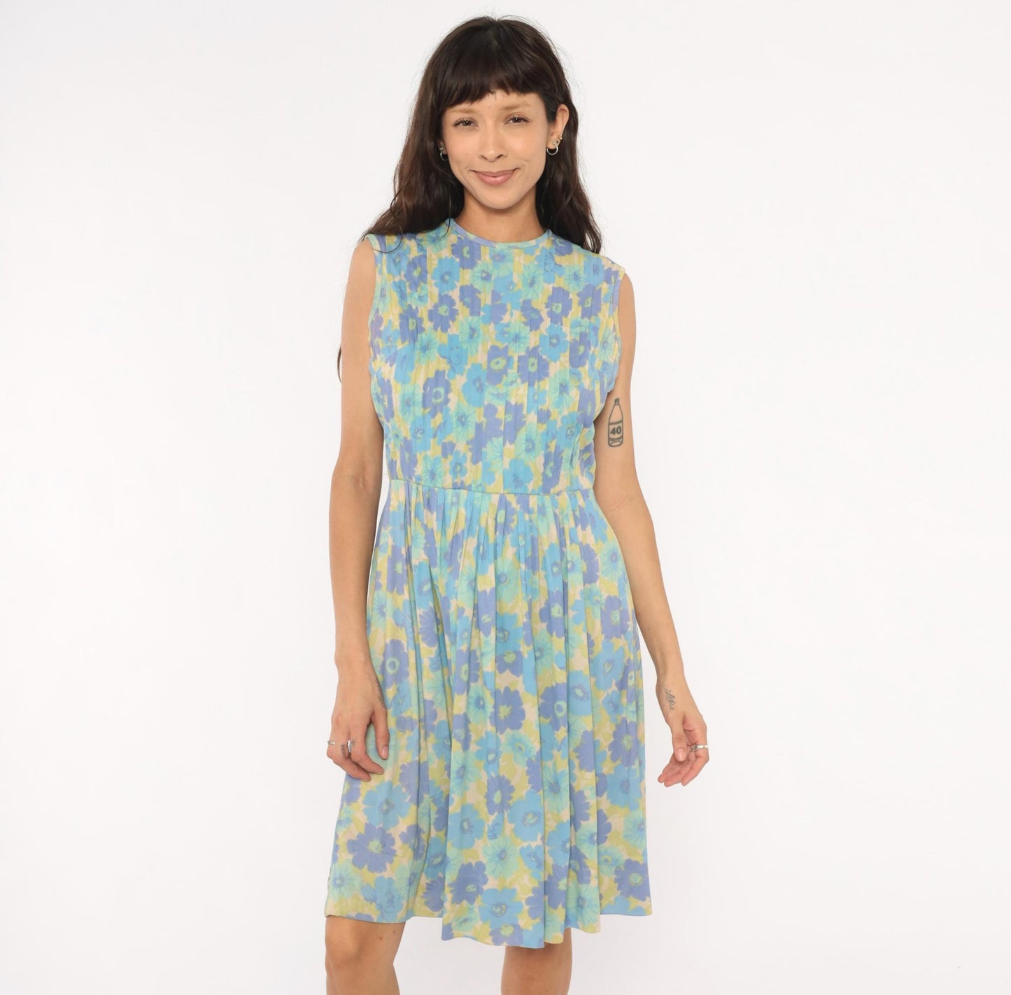 60s Carol Brent Floral Pleated Dress Blue Violet Yellow Knee-Length Medium M