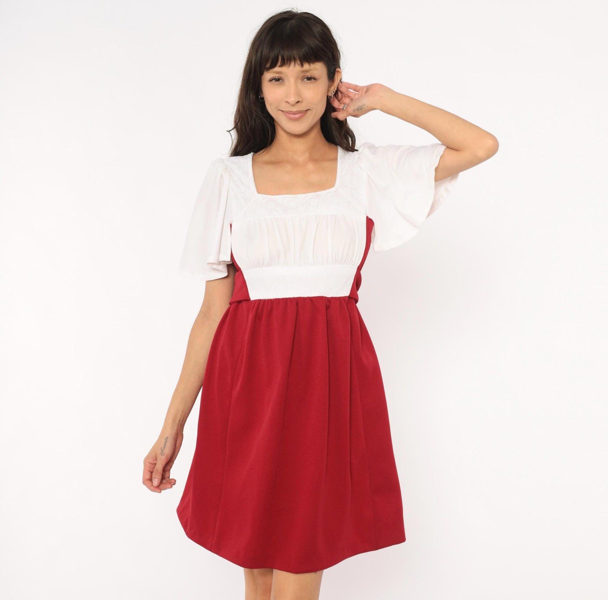 70s Burgundy Wine Mini Dress Ivory Bodice Puff Sleeve Square Neck Empire Waist Small
