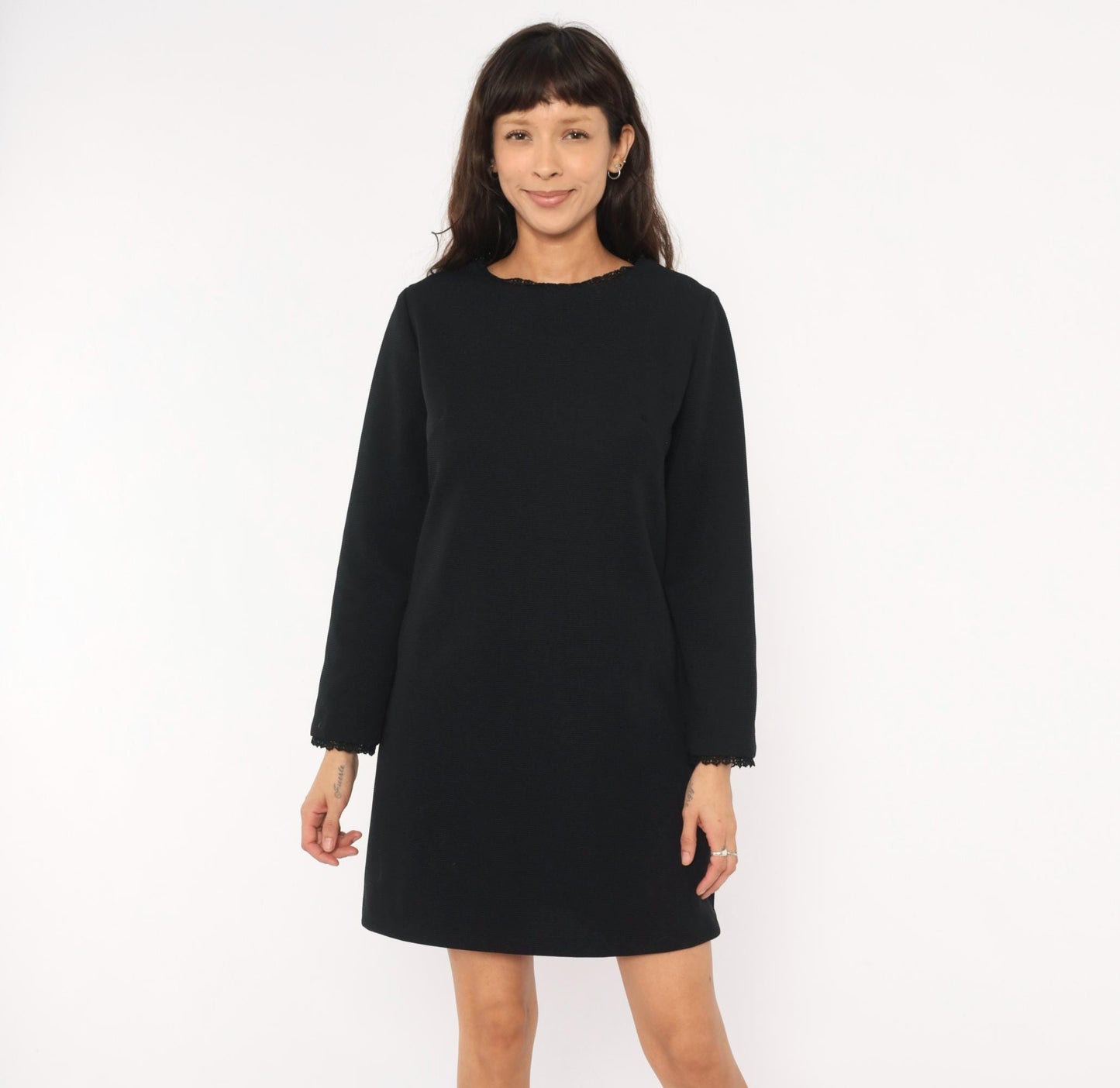 70s Meg Madison Black Shift Dress Lace Trim Long Sleeve Mini Crew Neck Large L