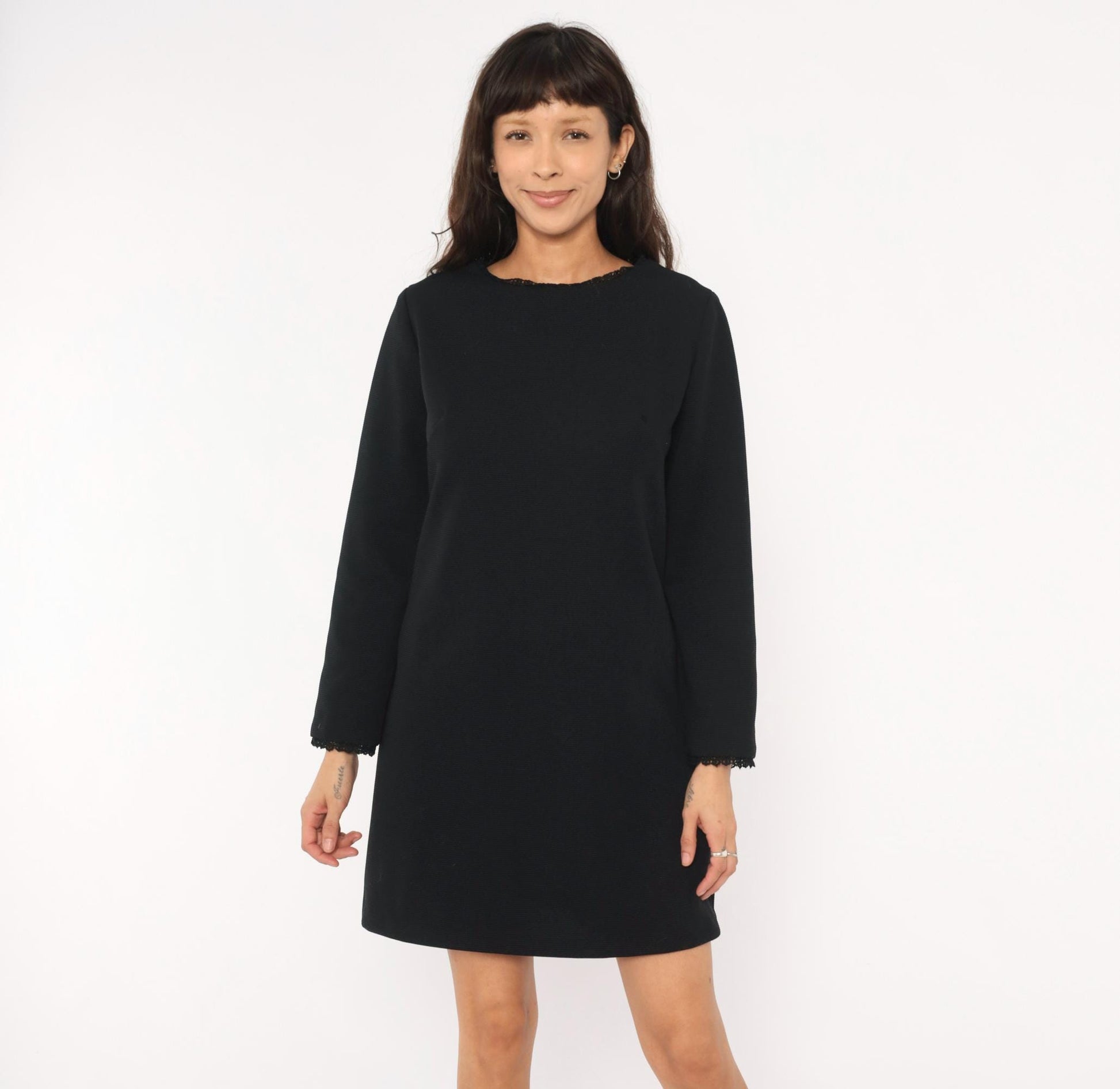 70s Meg Madison Black Shift Dress Lace Trim Long Sleeve Mini Crew Neck Large L
