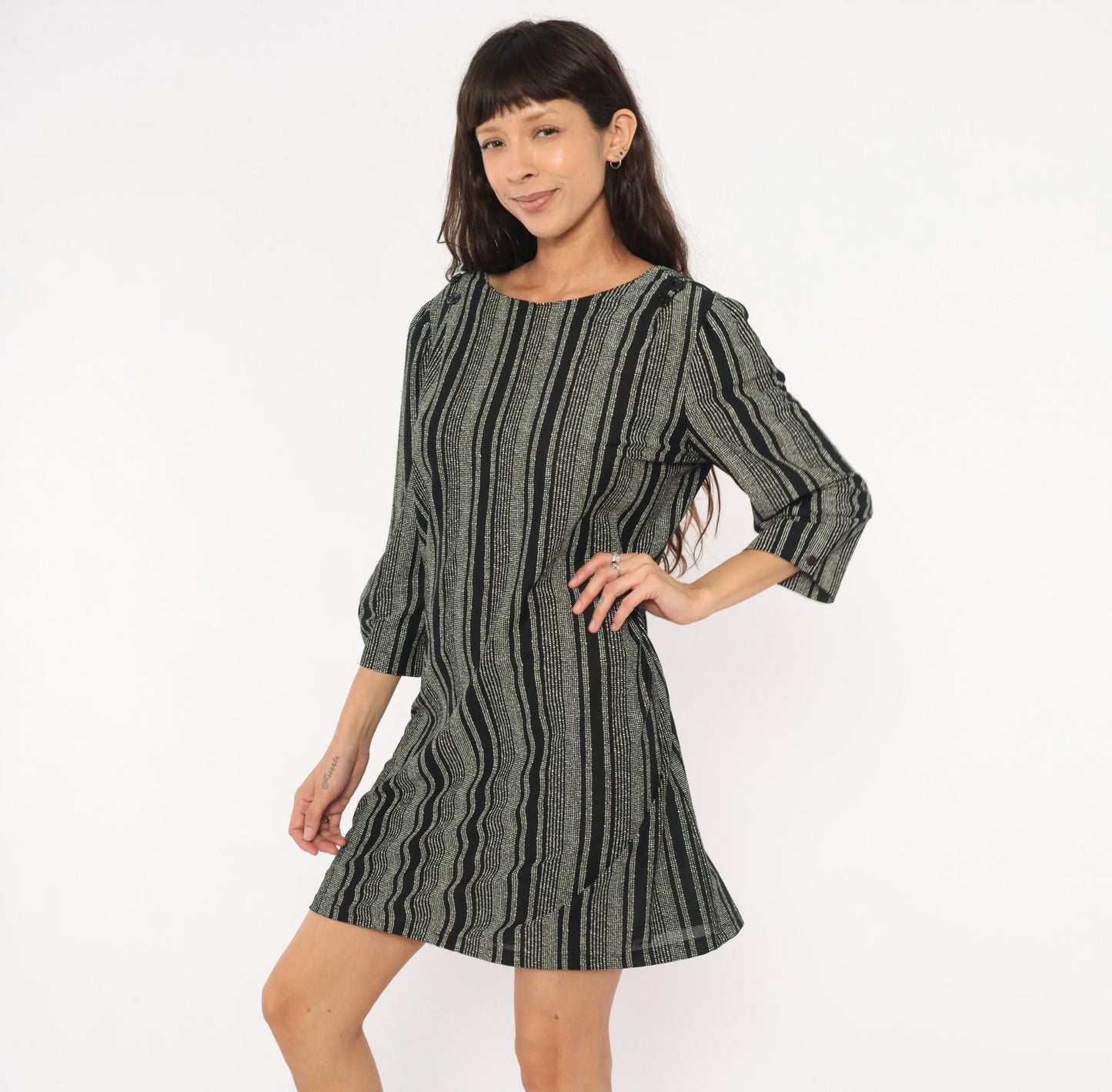70s Zoey T Black White Striped Shift Dress Boat Neck Button Back Large