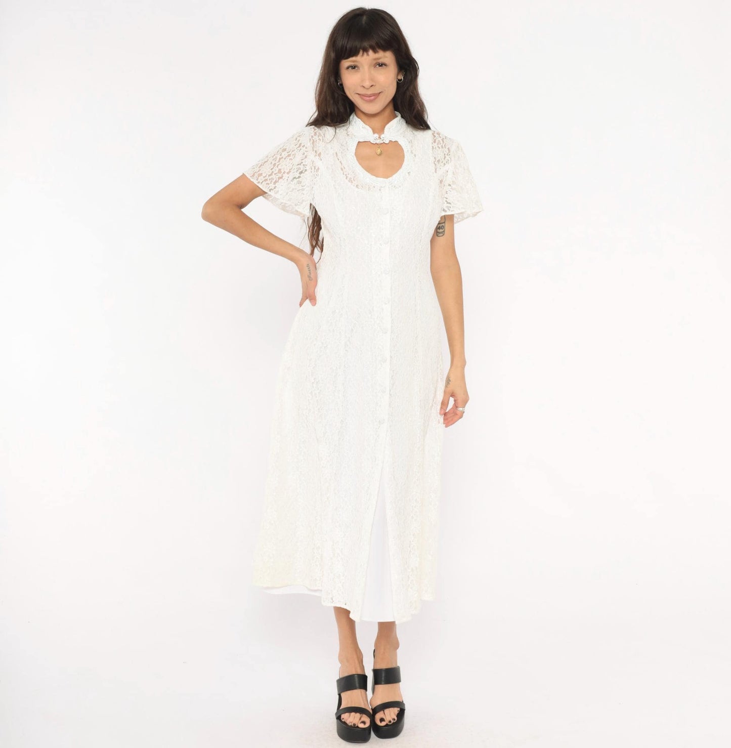 90s Jody White Lace Midi Dress Heart Cutout Mandarin Collar Small