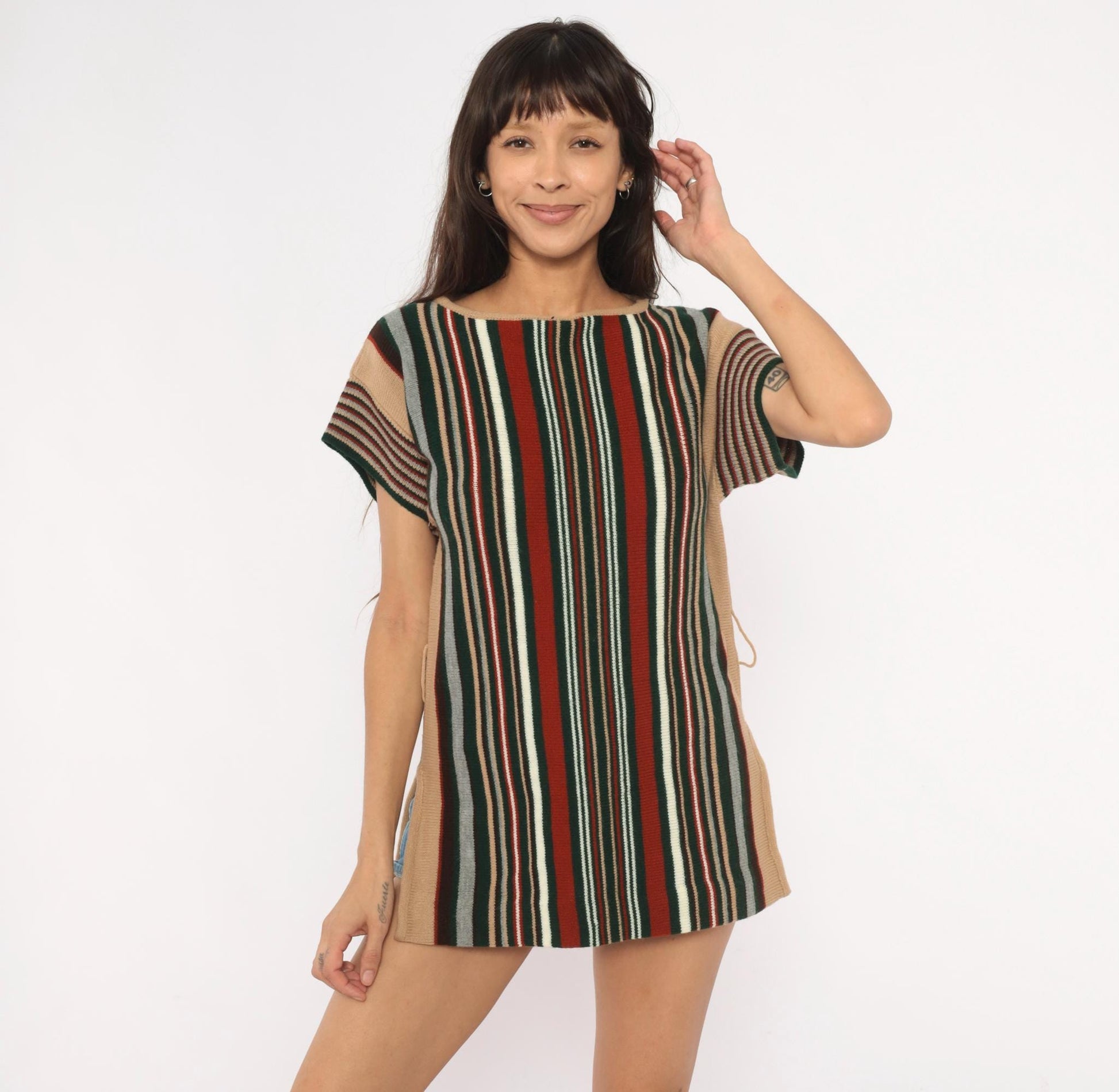 70s Exclusive Designs Striped Knit Tunic Burgundy Olive Cream Small