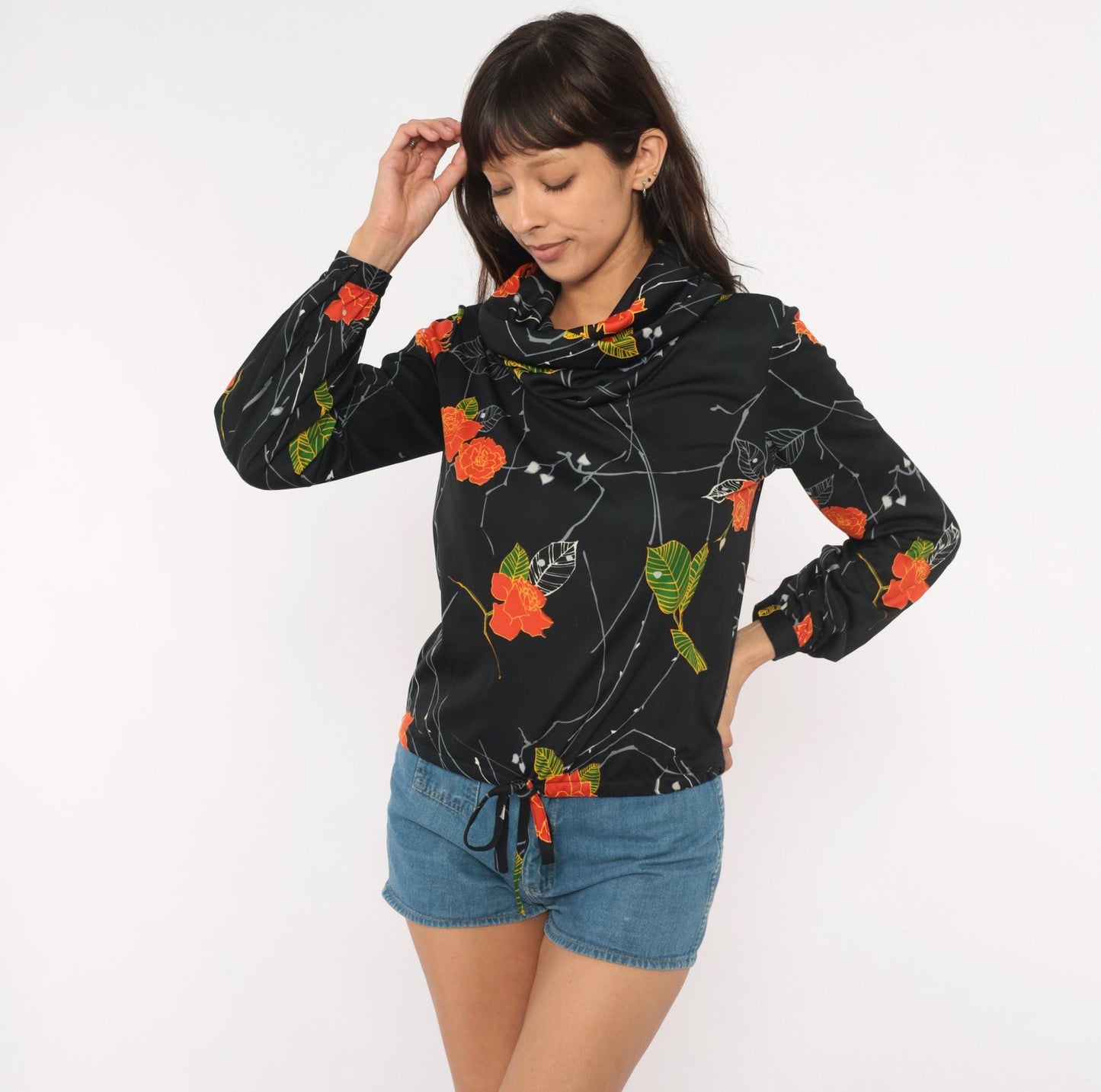 70s Lady Manhattan Cowl Neck Blouse Black Orange Rose Print Long Sleeve Small
