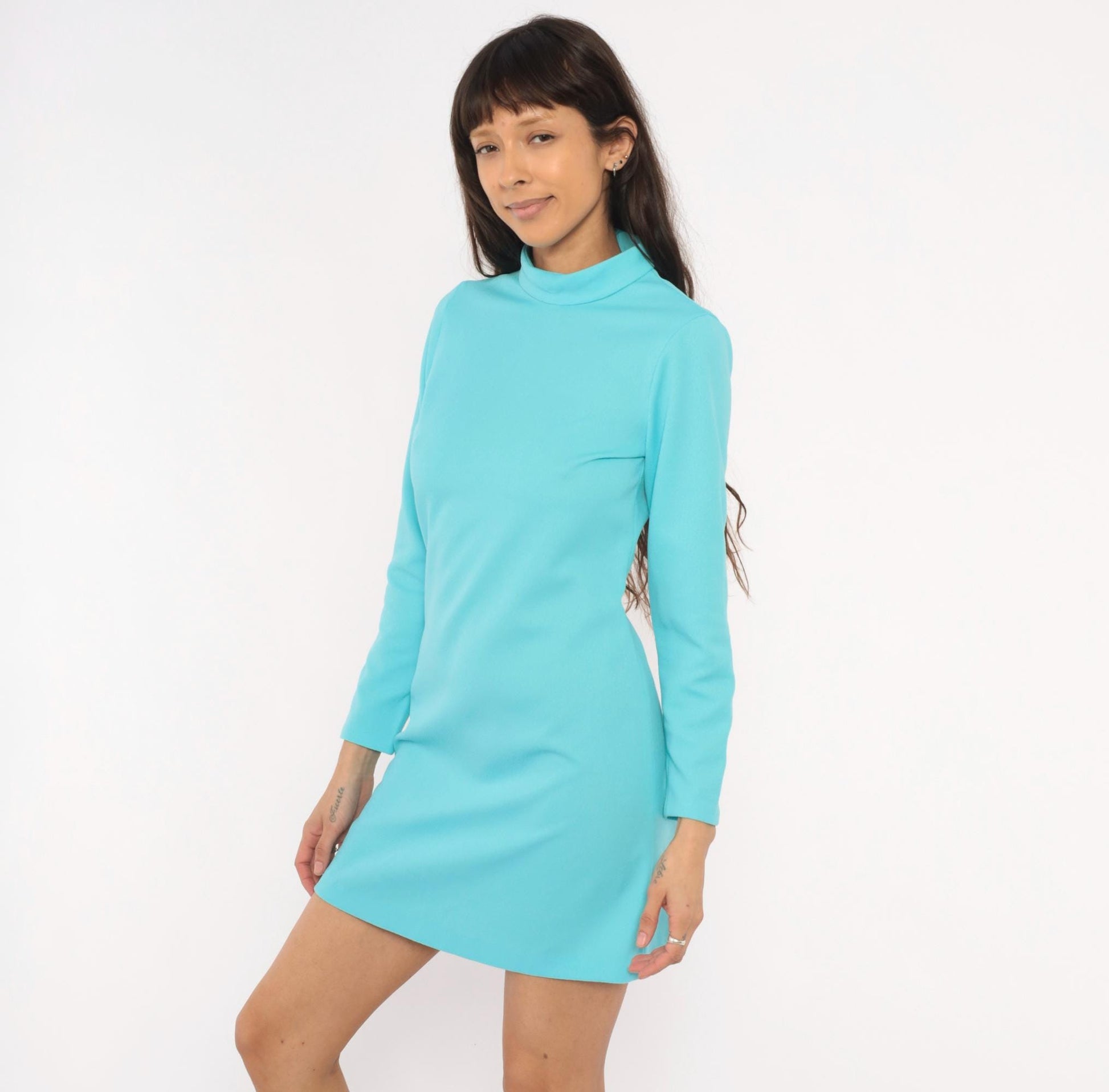 70s Aqua Mock Neck Mini Dress Long Sleeve Shift Turquoise Small