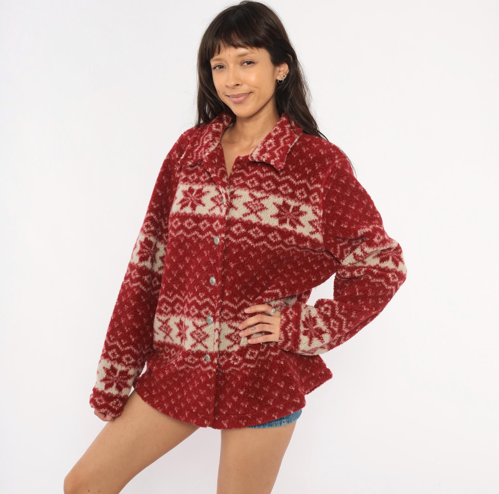 90s White Stag Nordic Fleece Shacket Cranberry Snowflake Fair Isle Large L