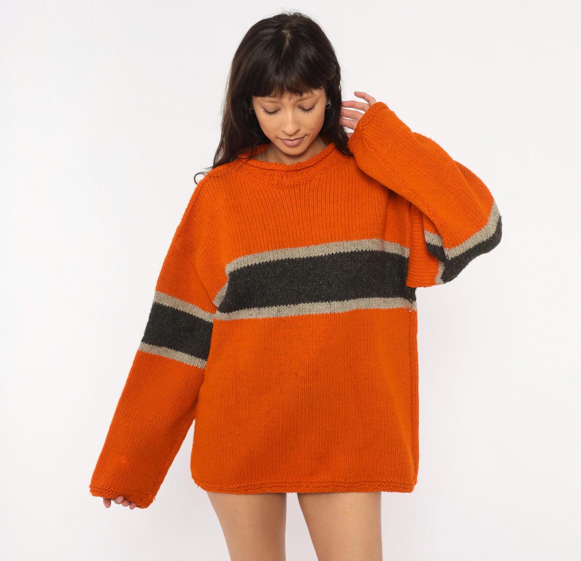90s Sisandina Handicrafts Wool Sweater Burnt Orange Striped Chunky Knit Large