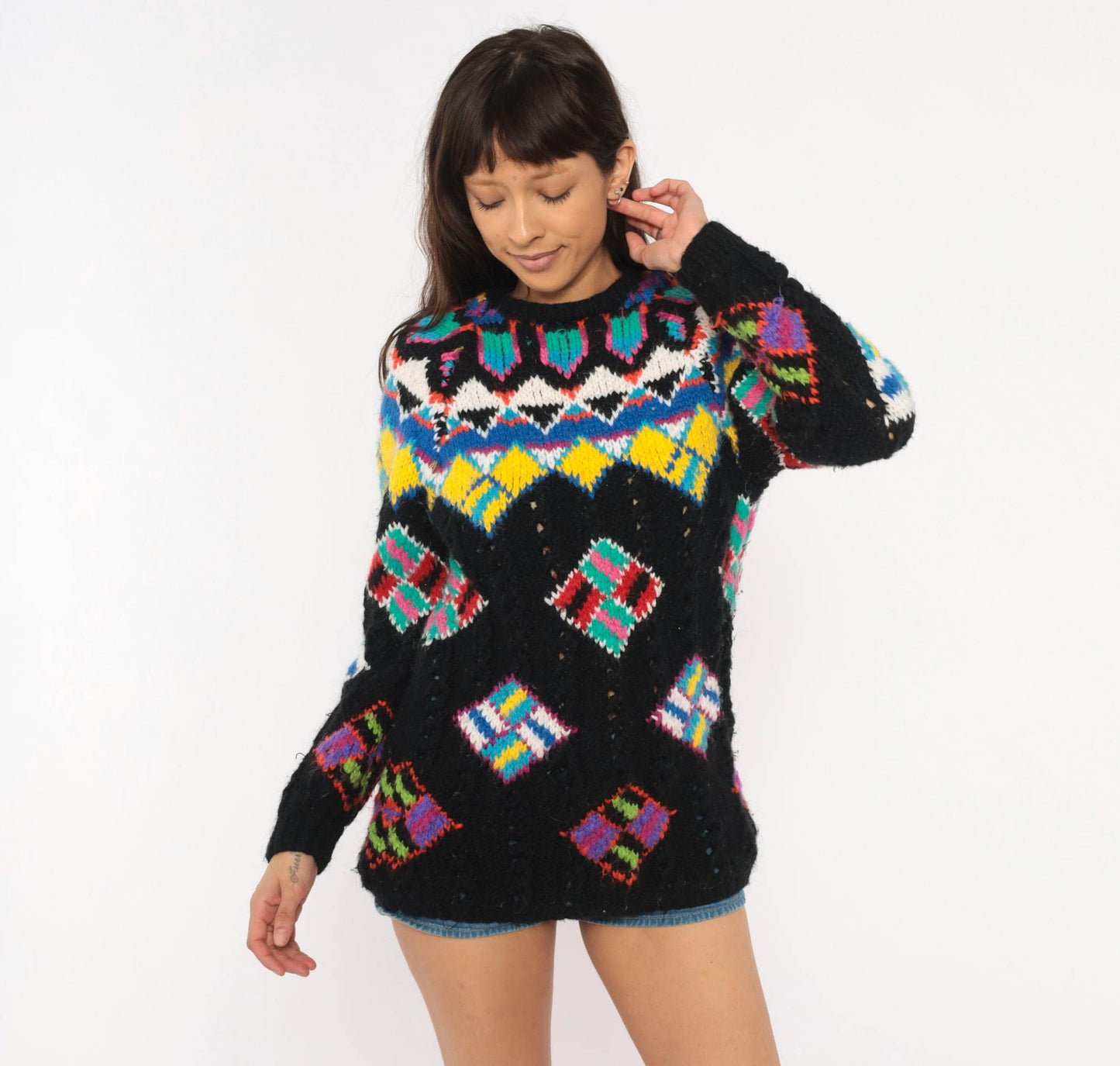 90s Kitty Hawk Fair Isle Sweater Black Multicolor Diamond Pullover Small S