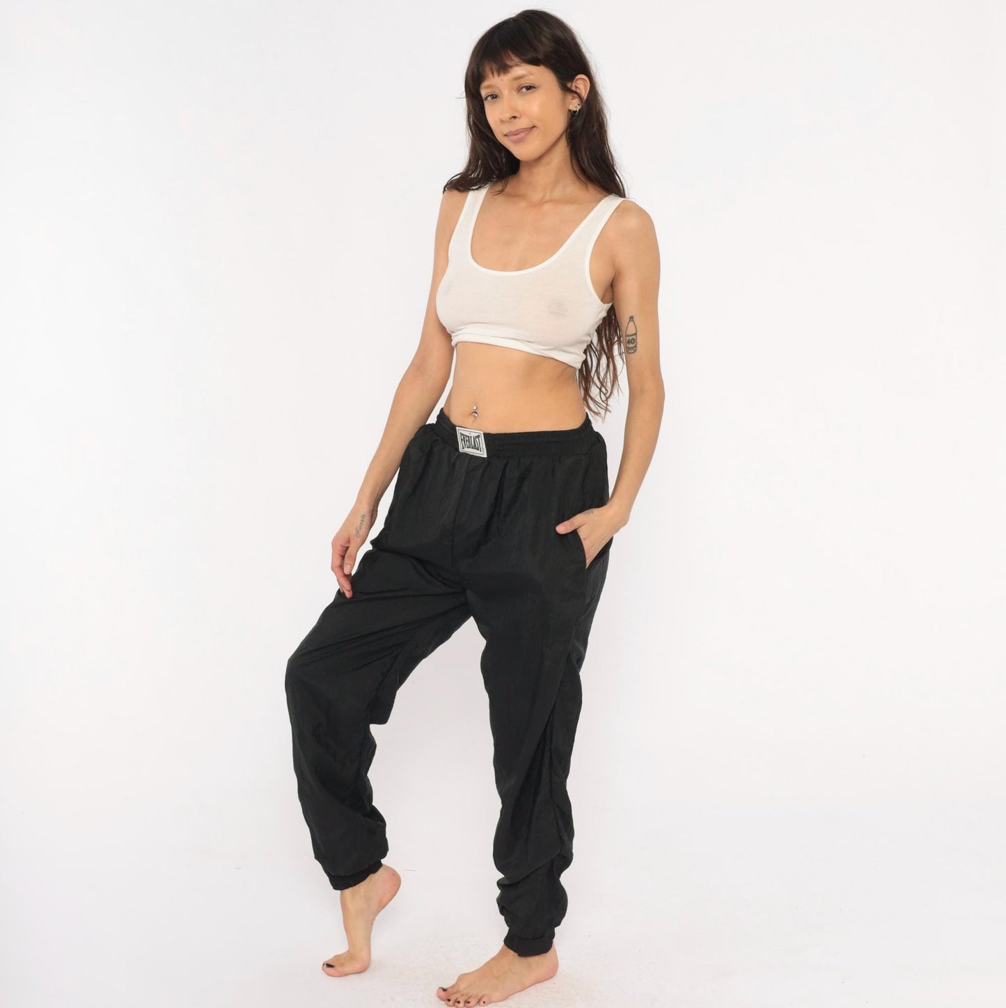 90s Everlast Black Nylon Track Pants Tapered Ankle Zip Medium M